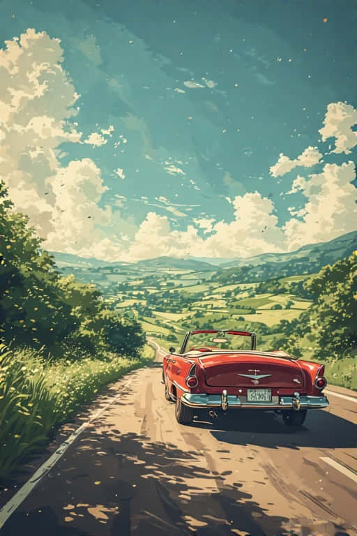 1950s car, red vintage convertible, sunlit country road, SD Phone Wallpaper