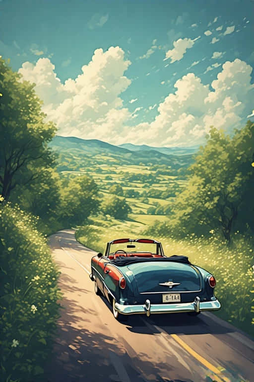 1950s car, teal convertible, winding road, SD Phone Wallpaper