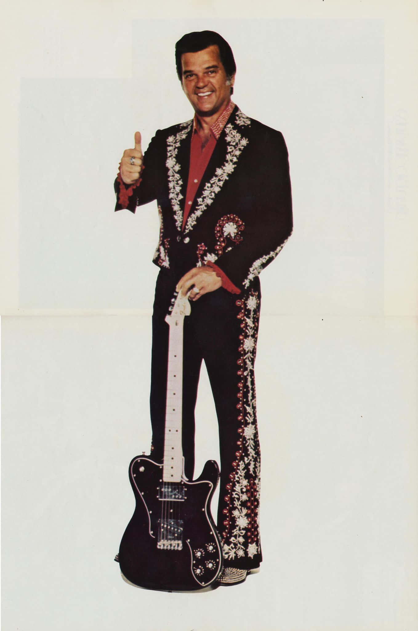 Conway Twitty, black floral embroidered suit, black electric guitar, Full HD Phone Wallpaper