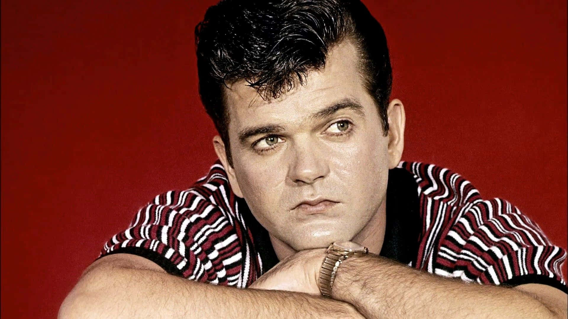 Conway Twitty, classic portrait, solid red background, Full HD Desktop Wallpaper