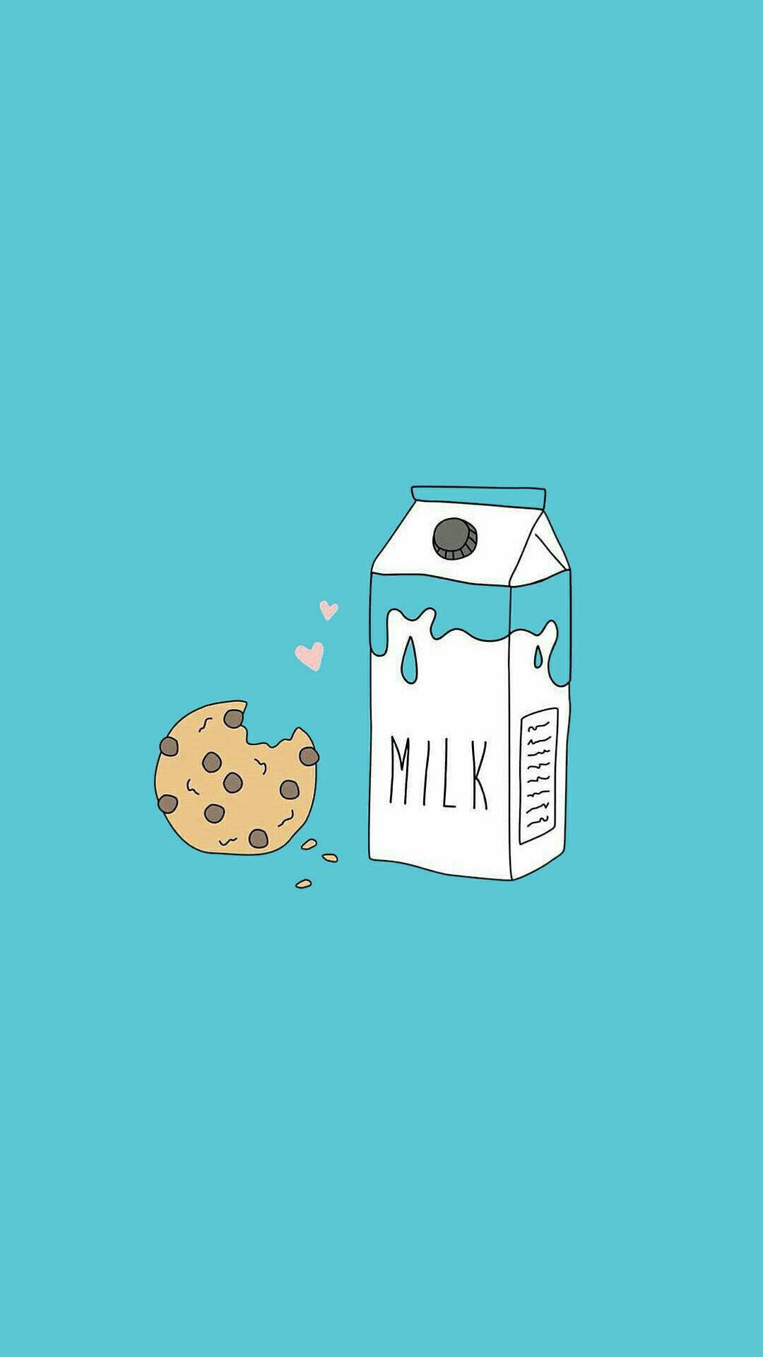 pink heart cookie, cartoon milk carton, bitten chocolate chip cookie, Full HD Phone Wallpaper
