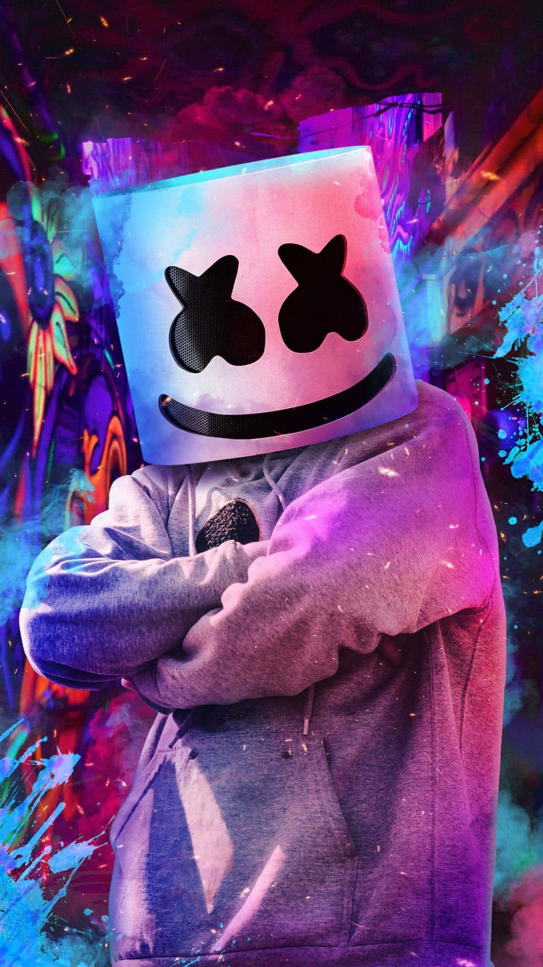 marshmello, glowing marshmallow helmet, vibrant neon graffiti backdrop, Full HD Phone Wallpaper