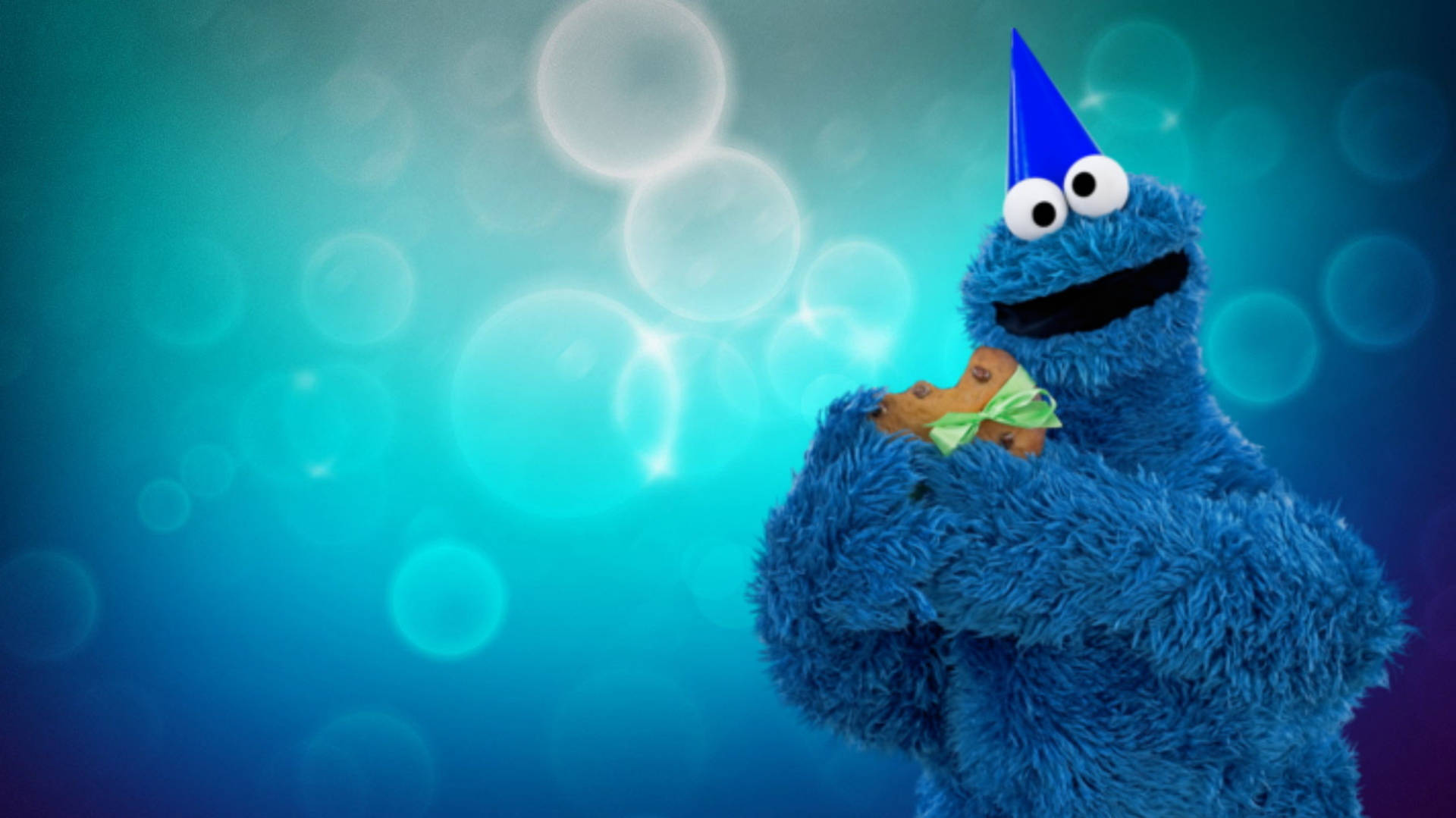Cookie Monster, blue party hat, cookie, Full HD Desktop Wallpaper