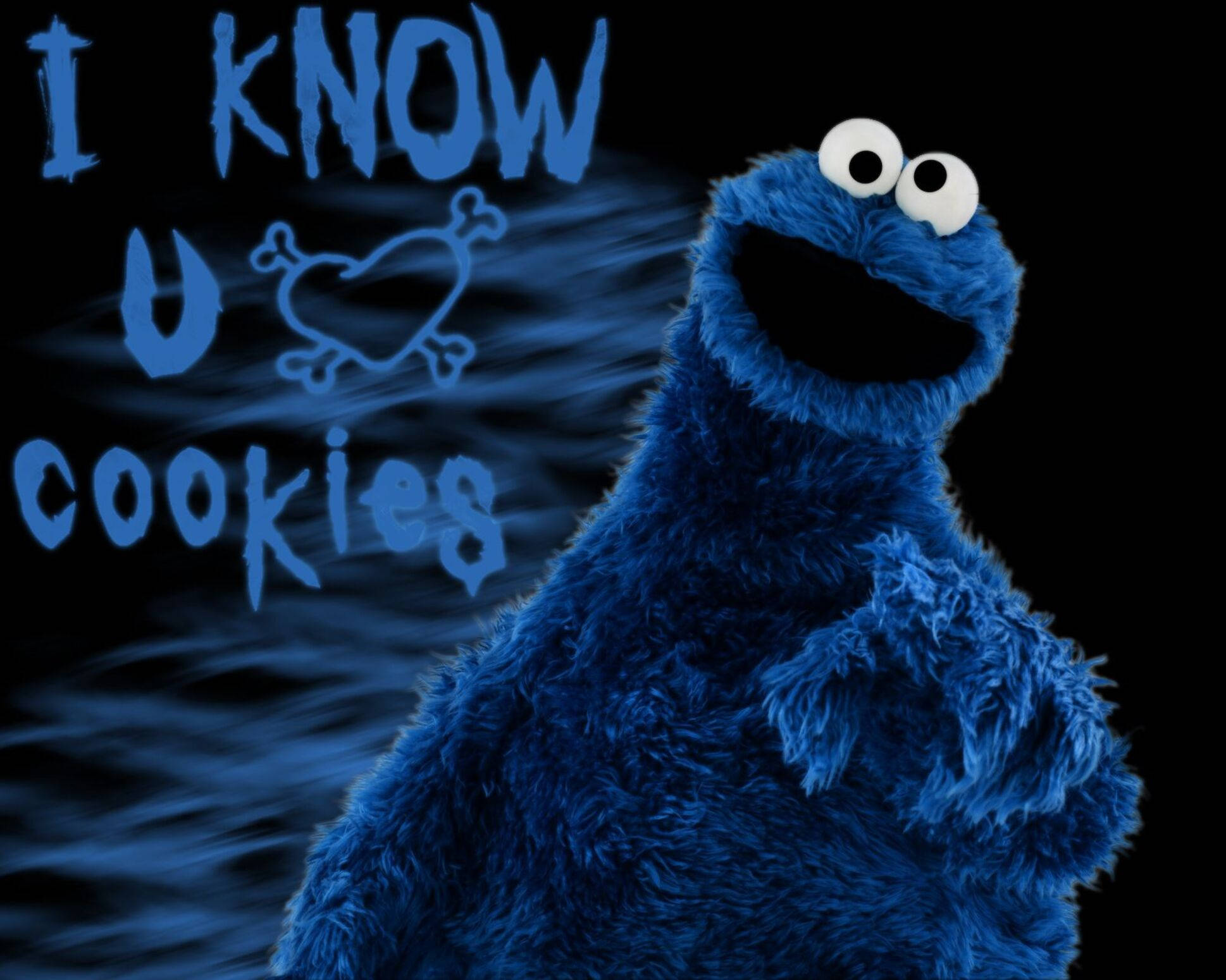 Cookie Monster, blue furry, glowing blue text, Full HD Desktop Wallpaper