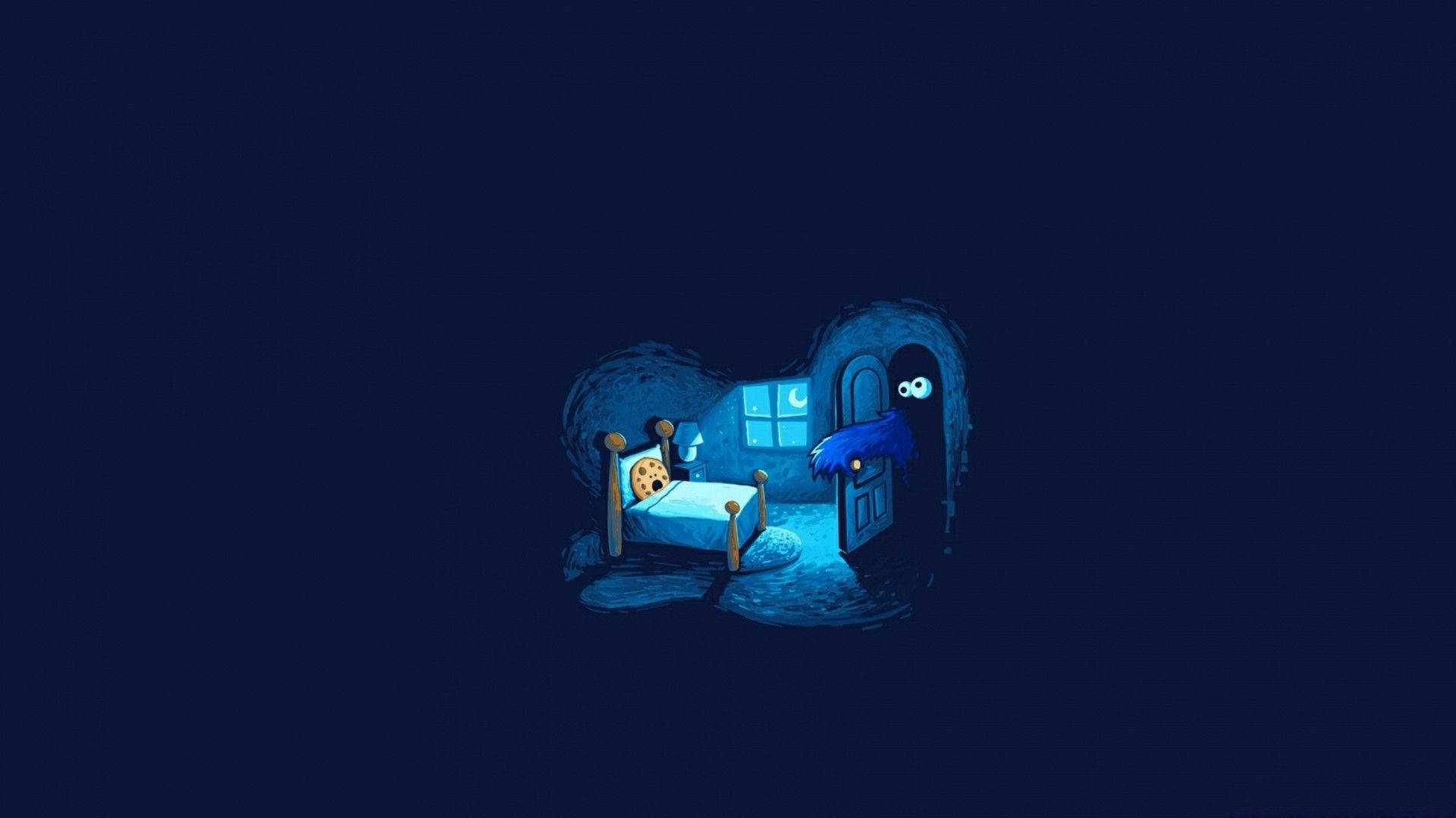 Cookie Monster, blue cartoon monster, doorway, Full HD Desktop Wallpaper