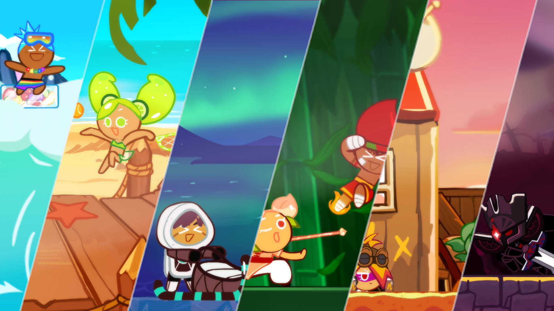 Cookie Run Kingdom, cartoon cookie characters, colorful diagonal panels, Full HD Desktop Wallpaper