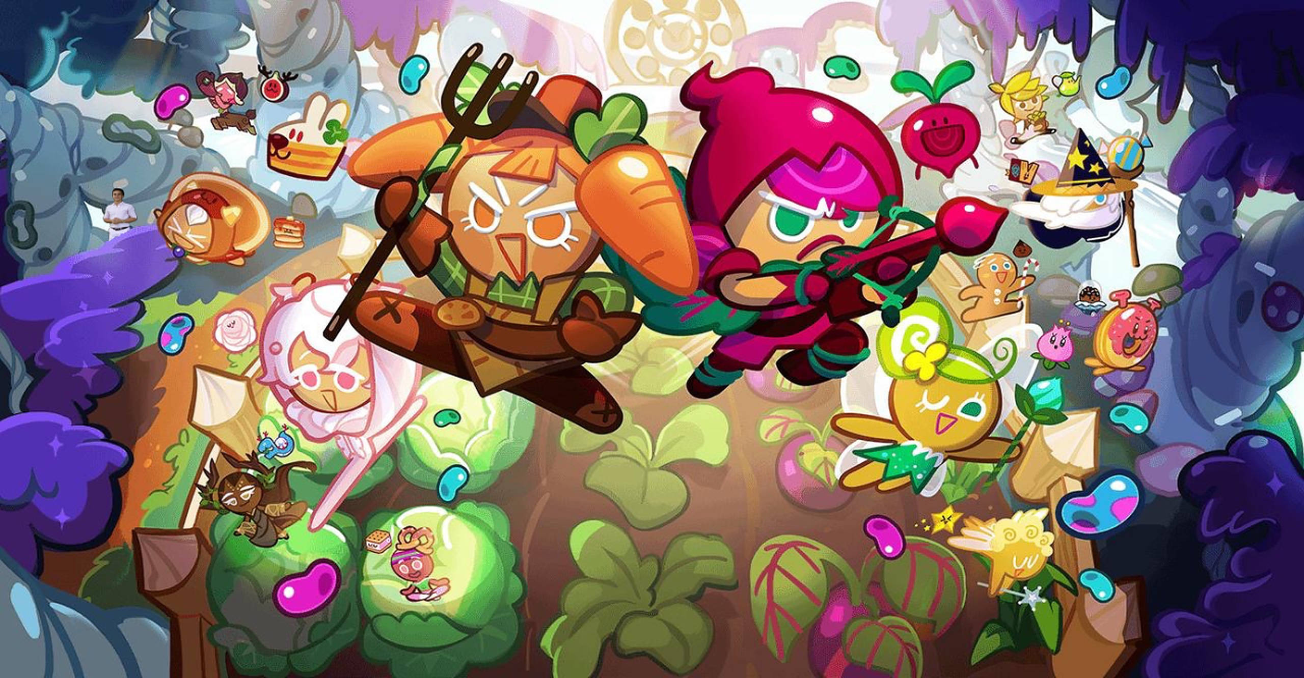 Cookie Run Kingdom, whimsical garden, floating fruits, 2K Desktop Wallpaper