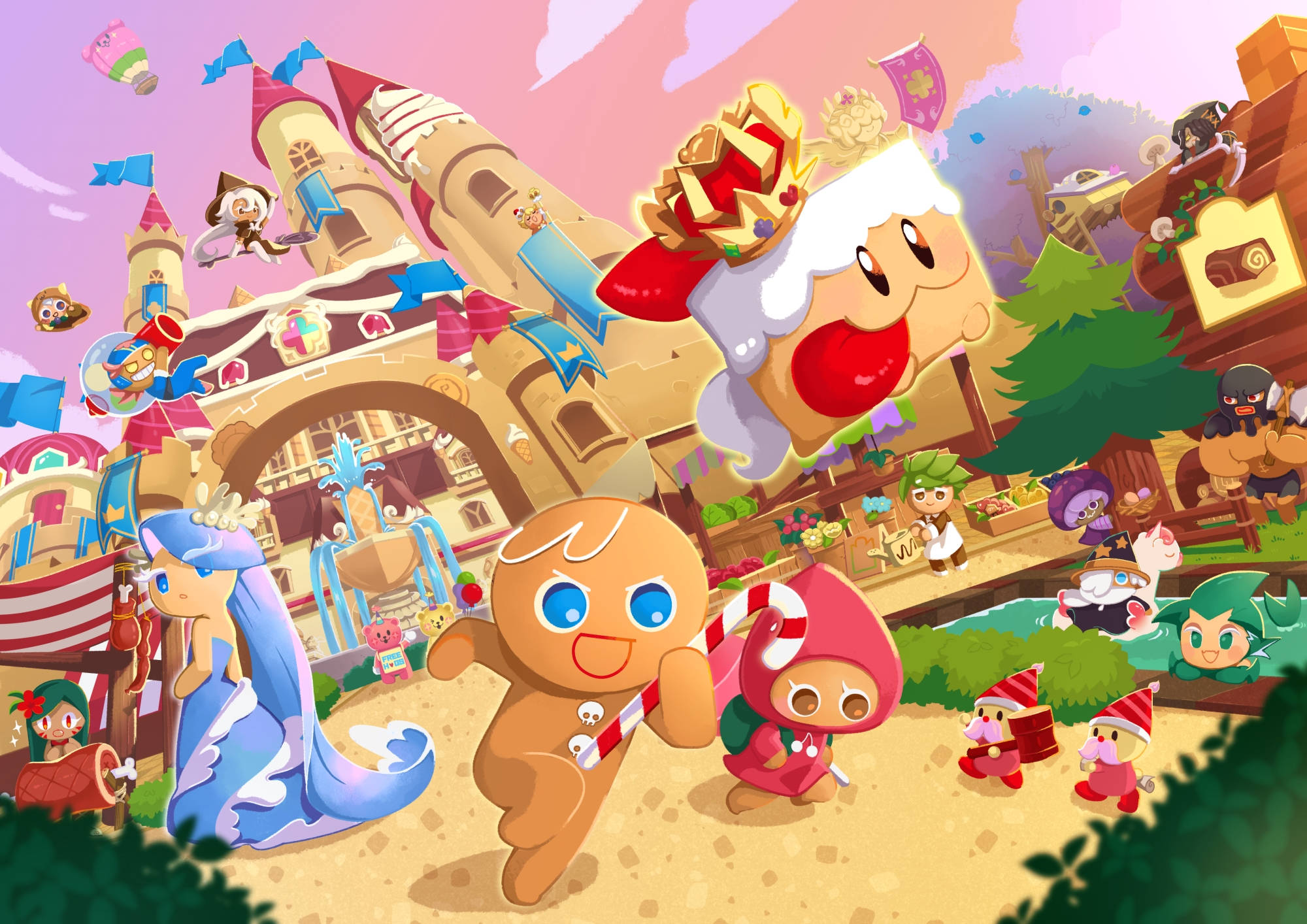 Cartoon Cookie, gingerbread-themed fantasy world, colorful castle town, Full HD Desktop Wallpaper