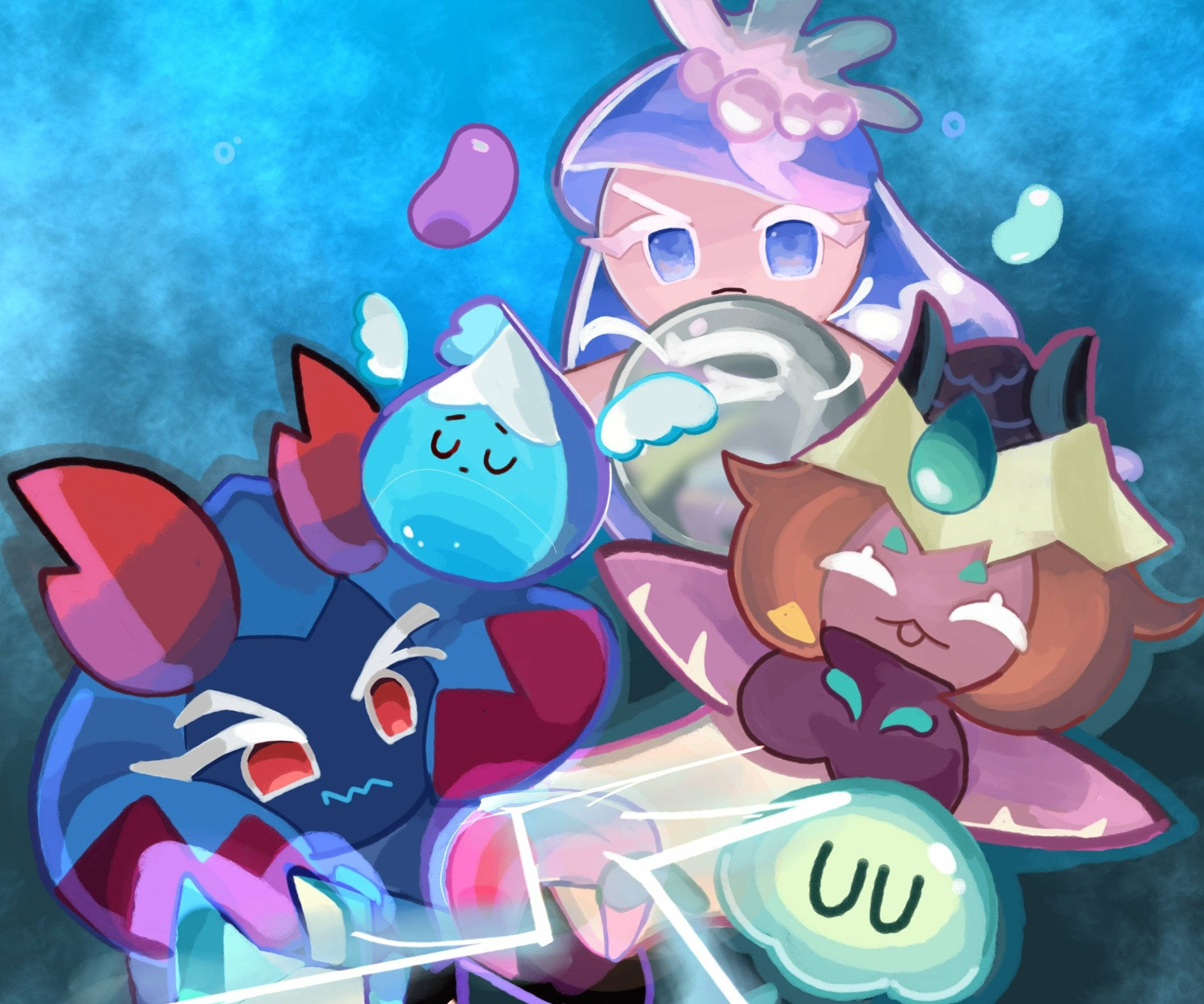 Cookie Run, anime-style characters, bubbly blue underwater scene, Full HD Desktop Wallpaper