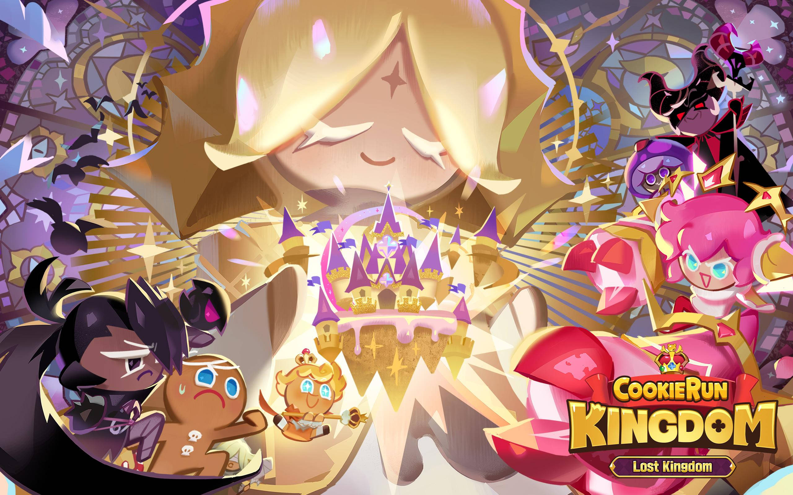 Cookie Run, glowing castle, golden and purple hues, 2K Desktop Wallpaper