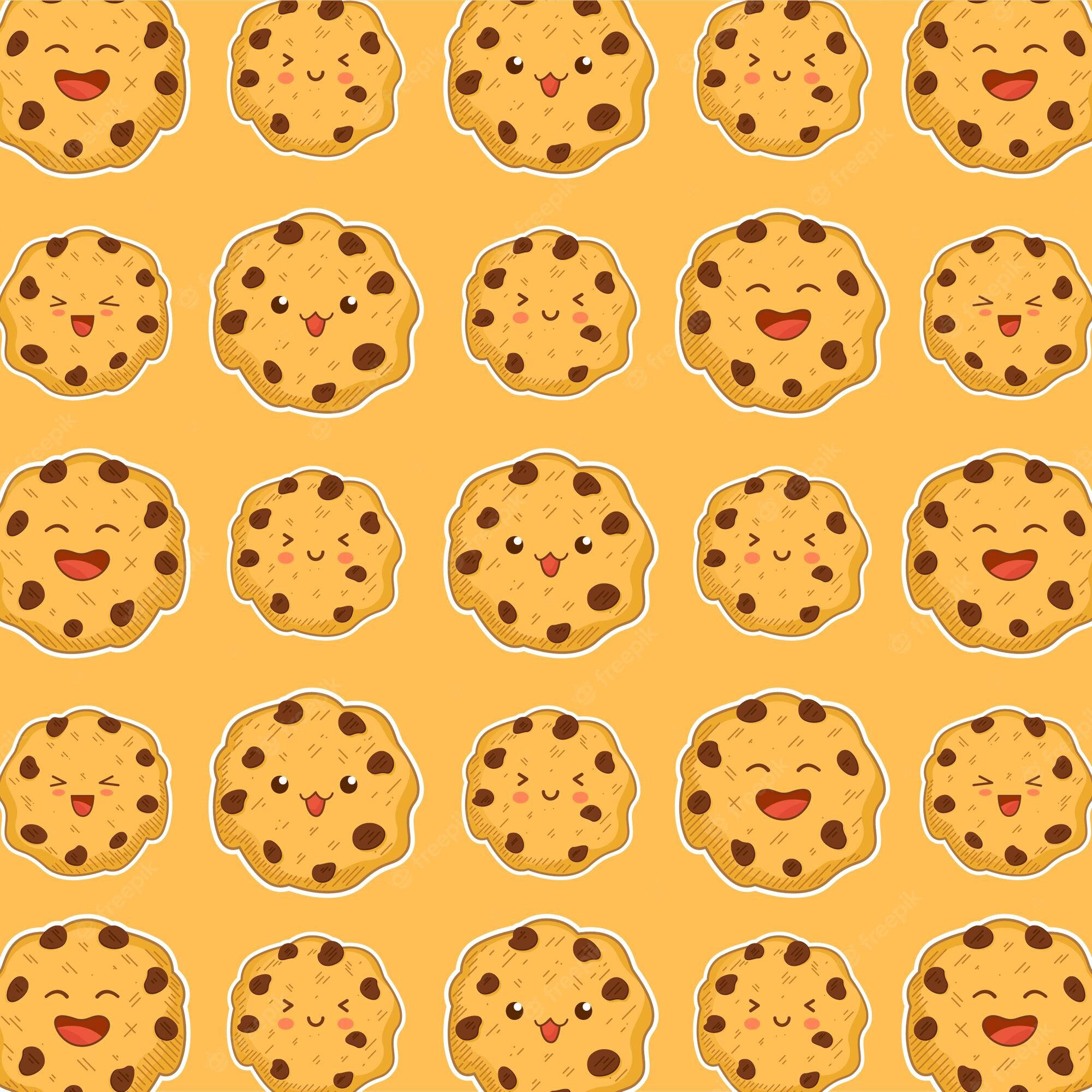 cartoon chocolate chip cookies, smiling faces, warm orange background, Full HD Desktop Wallpaper