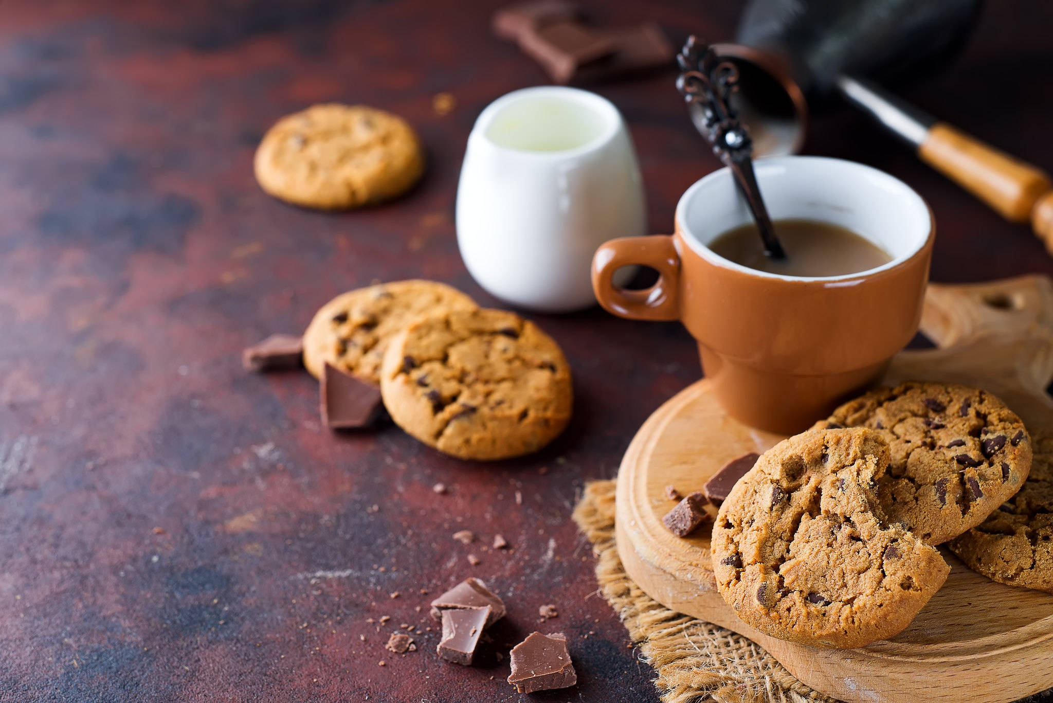 cookies, coffee, rustic wooden board, Full HD Desktop Wallpaper