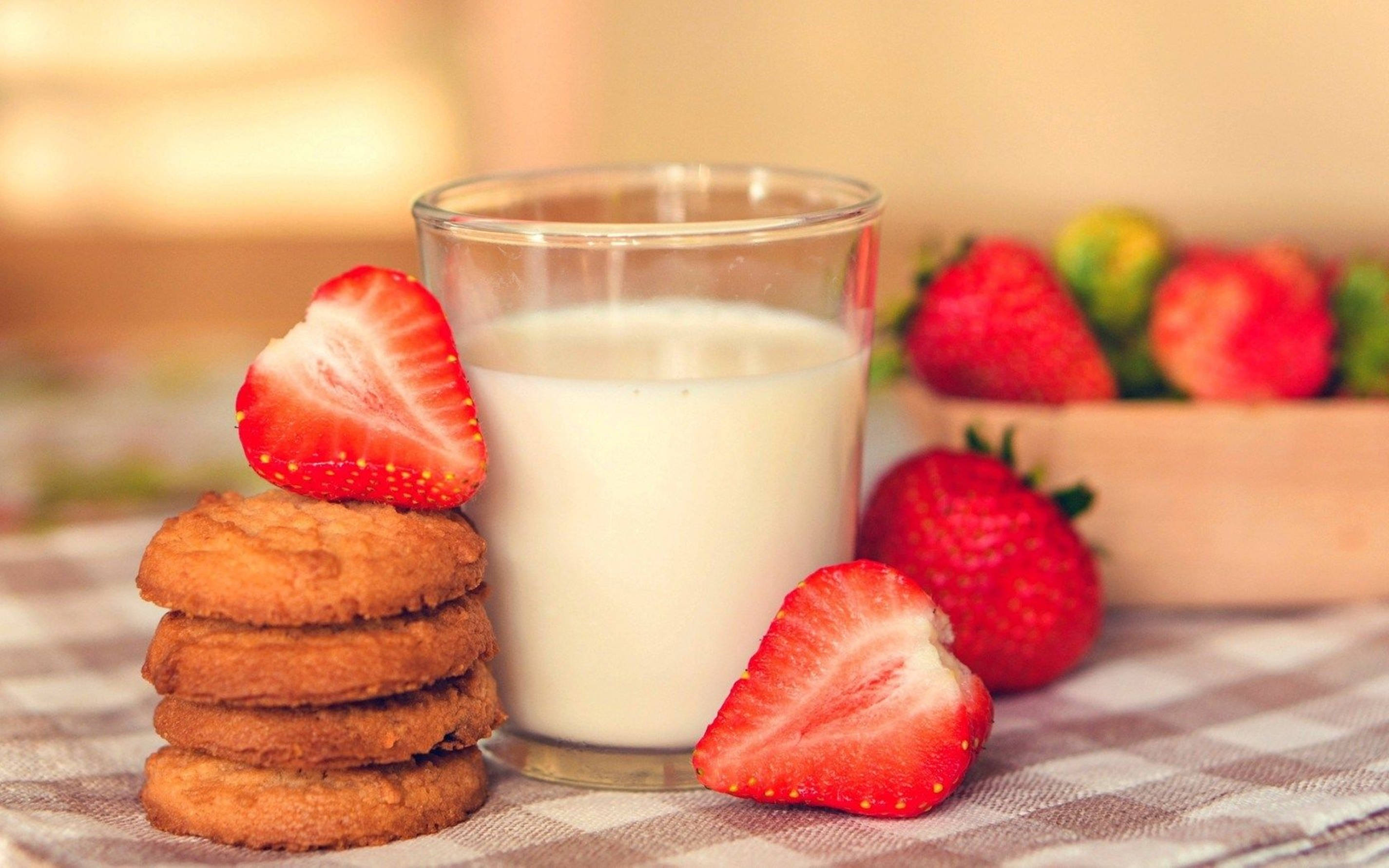glass of milk, cookies, strawberries, 2K Desktop Wallpaper