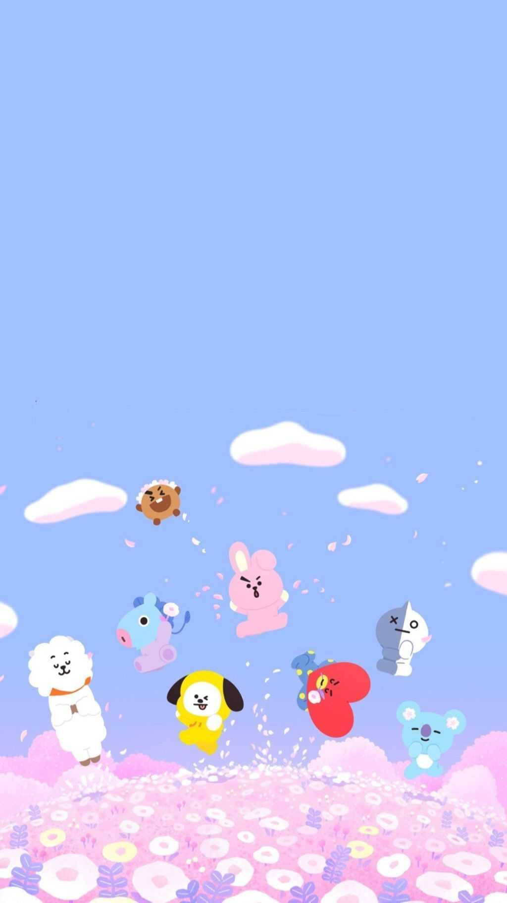 Cooky Bt21, flower field, pink floral field, HD Phone Wallpaper