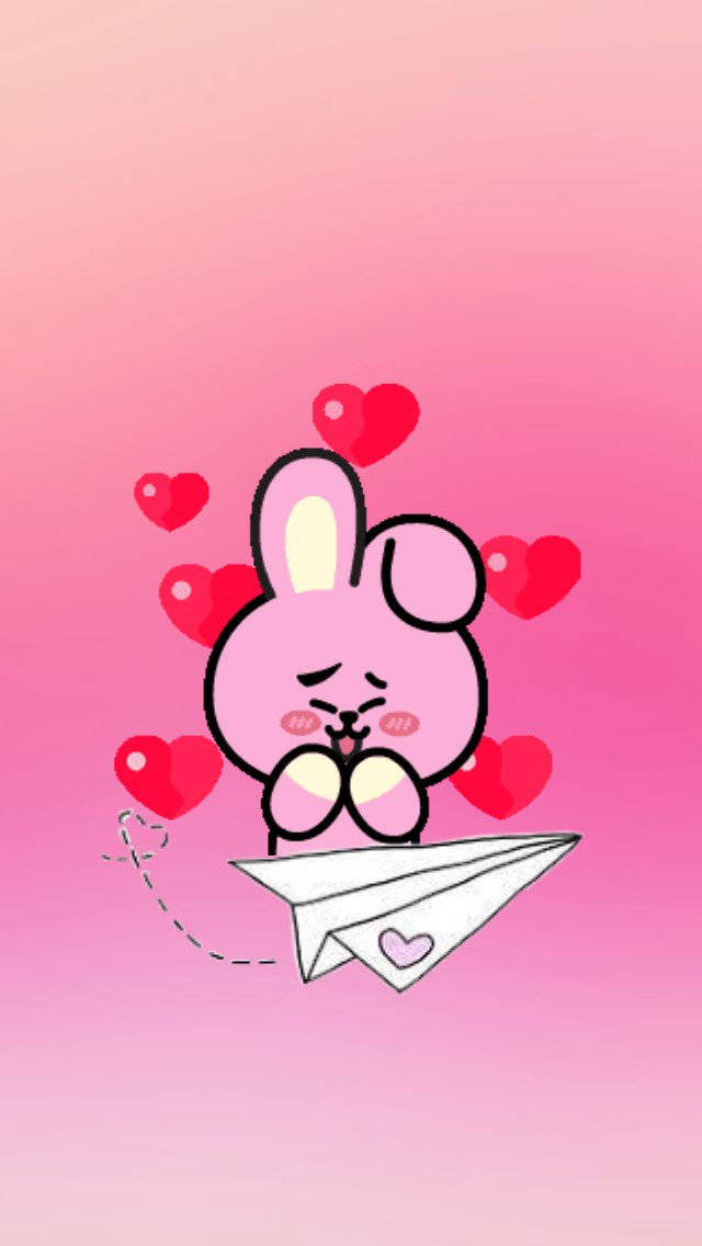 Cooky Bt21, pink cartoon bunny, paper airplane, SD Phone Wallpaper