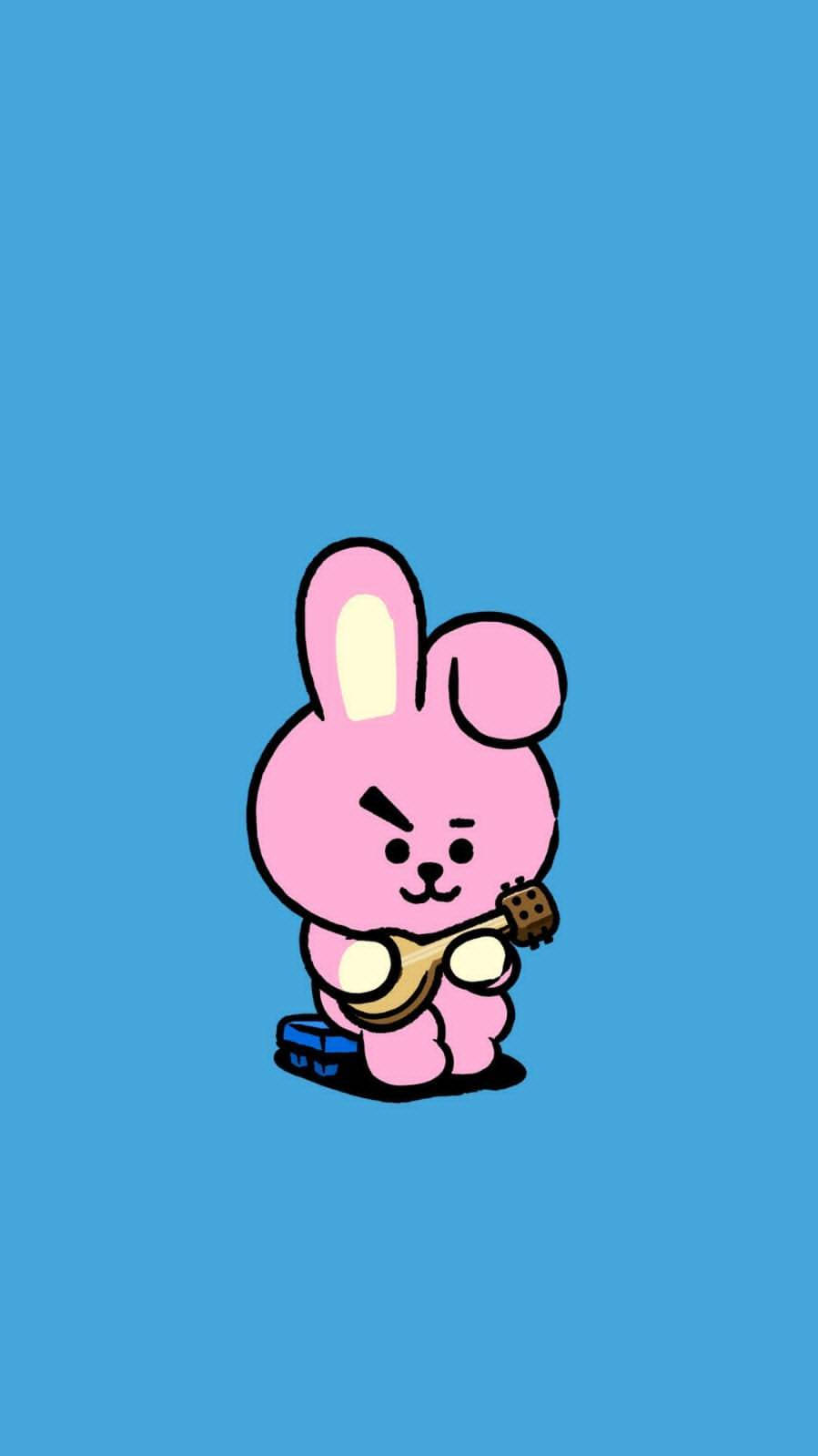 Cooky Bt21, ukelele, pink cartoon rabbit, HD Phone Wallpaper