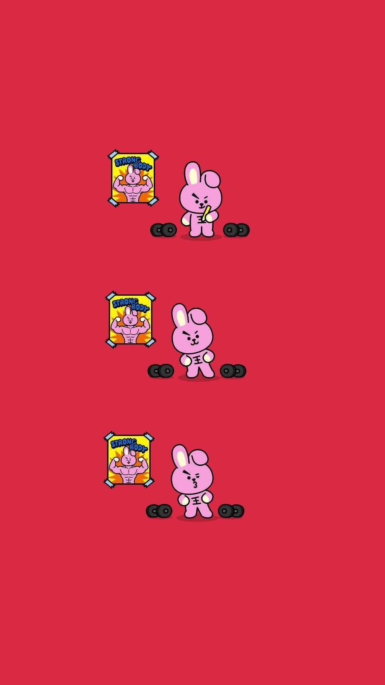 Cooky Bt21, pink cartoon bunnies, dumbbells, Full HD Phone Wallpaper