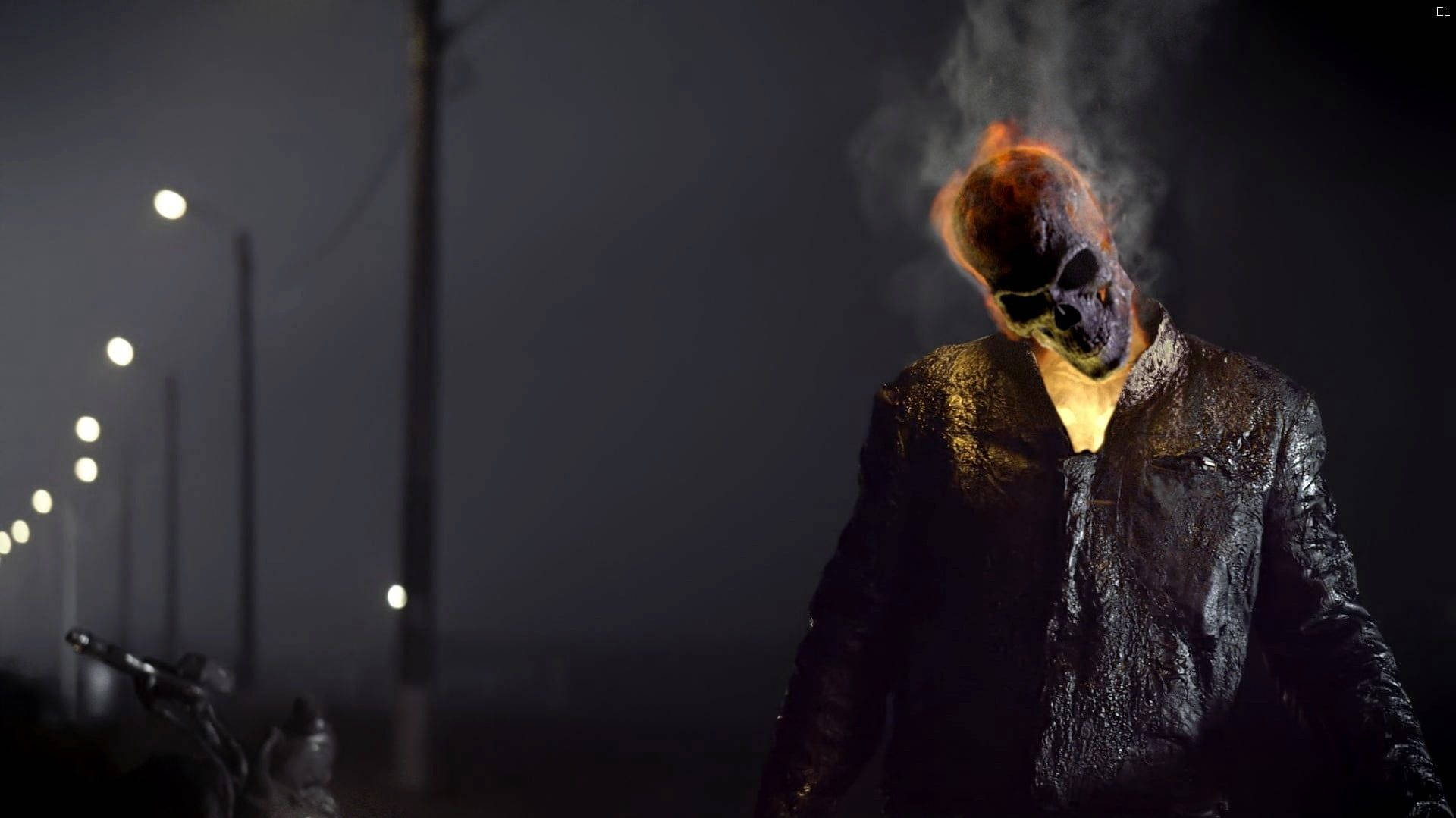 3d ghost, flaming skull-headed figure, wet black jacket, Full HD Desktop Wallpaper