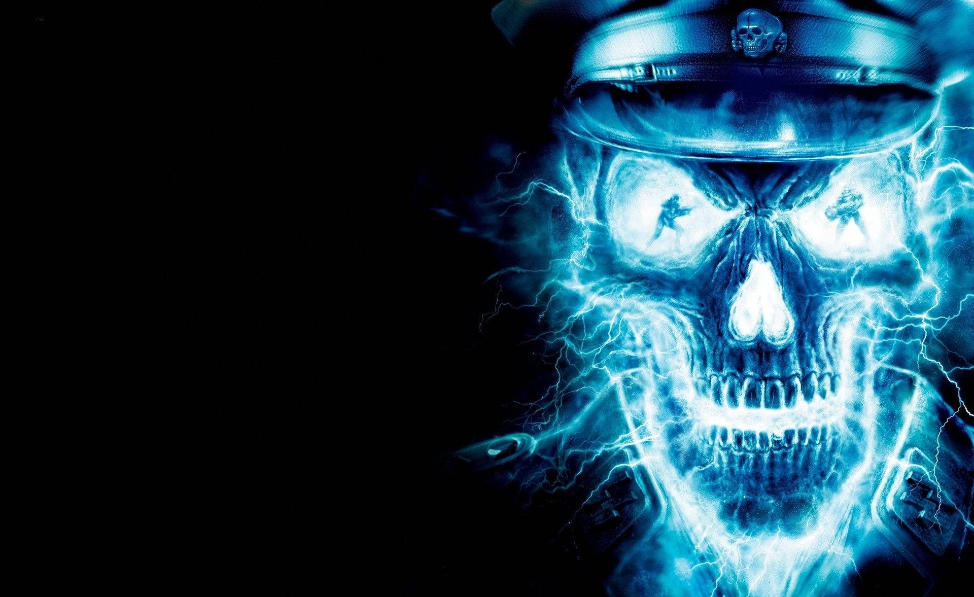 cool 3d ghost, glowing blue electric skull, military cap, Full HD Desktop Wallpaper