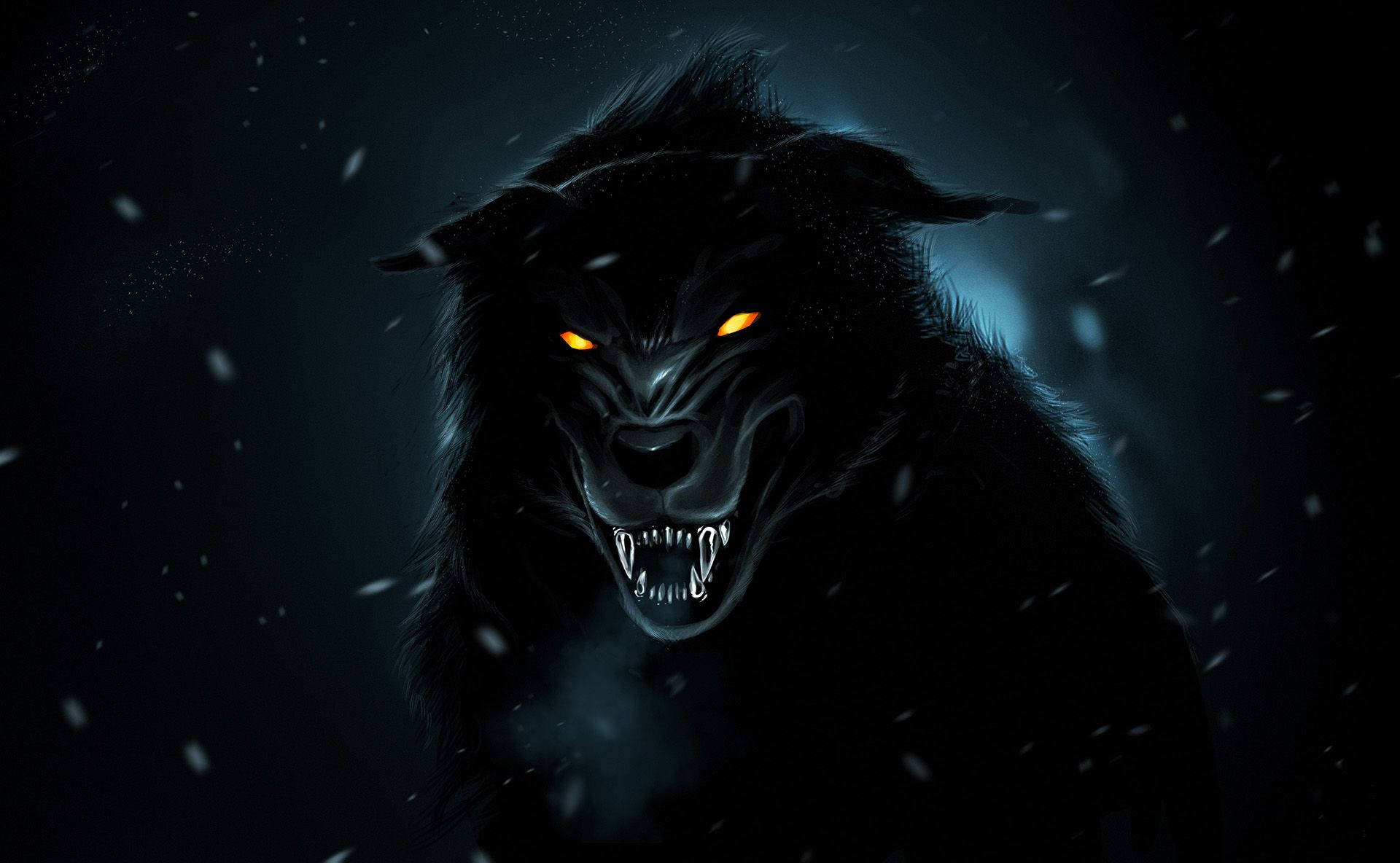 3d ghost wolf, black wolf, glowing orange eyes, Full HD Desktop Wallpaper