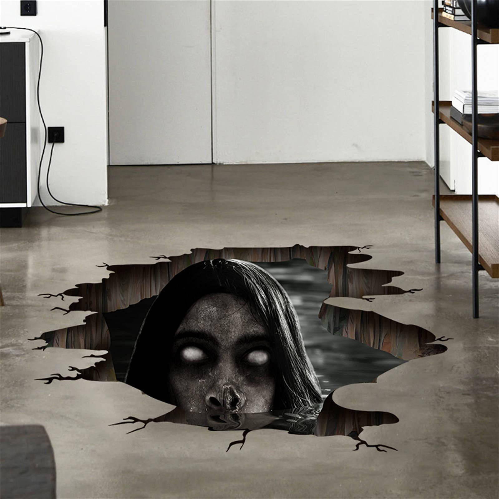 3D floor mural, pale woman's face, cracked concrete hole, HD Desktop Wallpaper