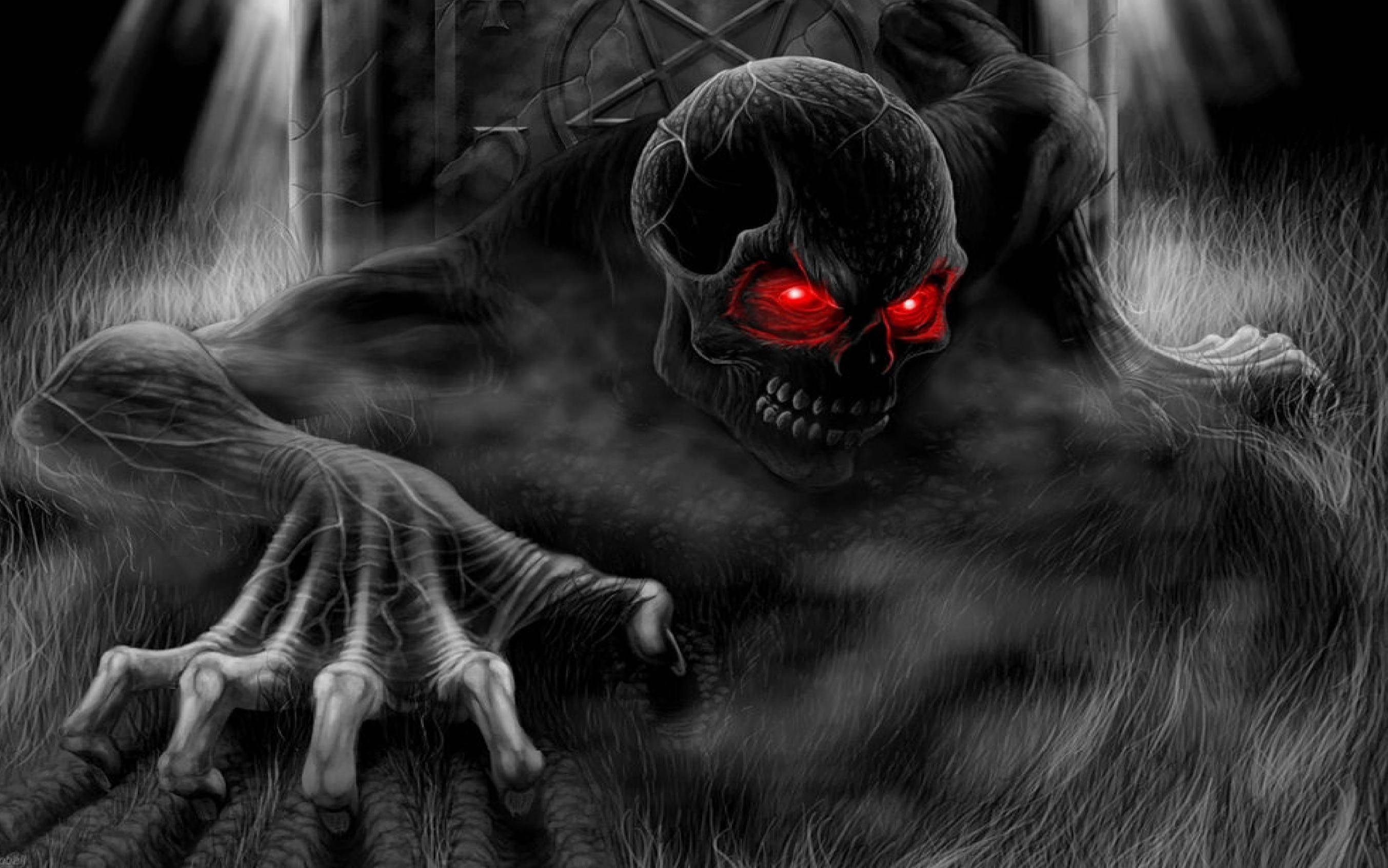 cool 3d ghost, glowing red eyes, dark grass, 2K Desktop Wallpaper