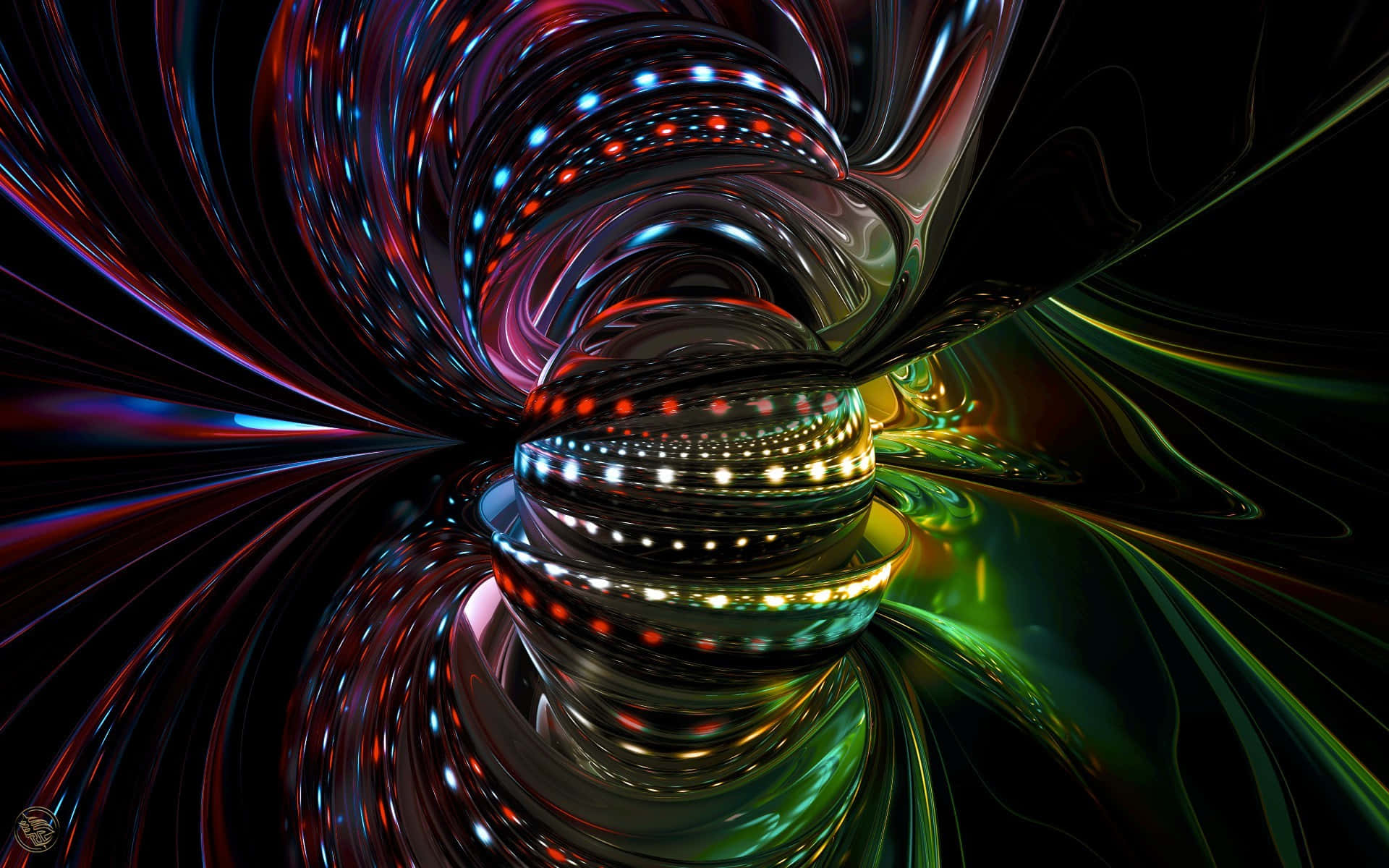 metallic ribbons, glowing red blue and green lights, black void, Full HD Desktop Wallpaper