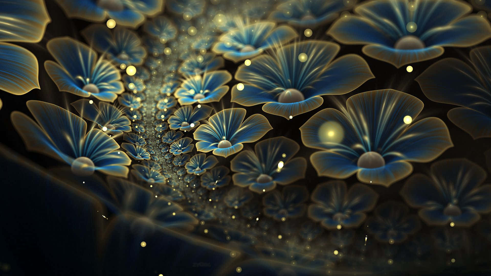 blue flowers, glowing blue, golden highlights, Full HD Desktop Wallpaper