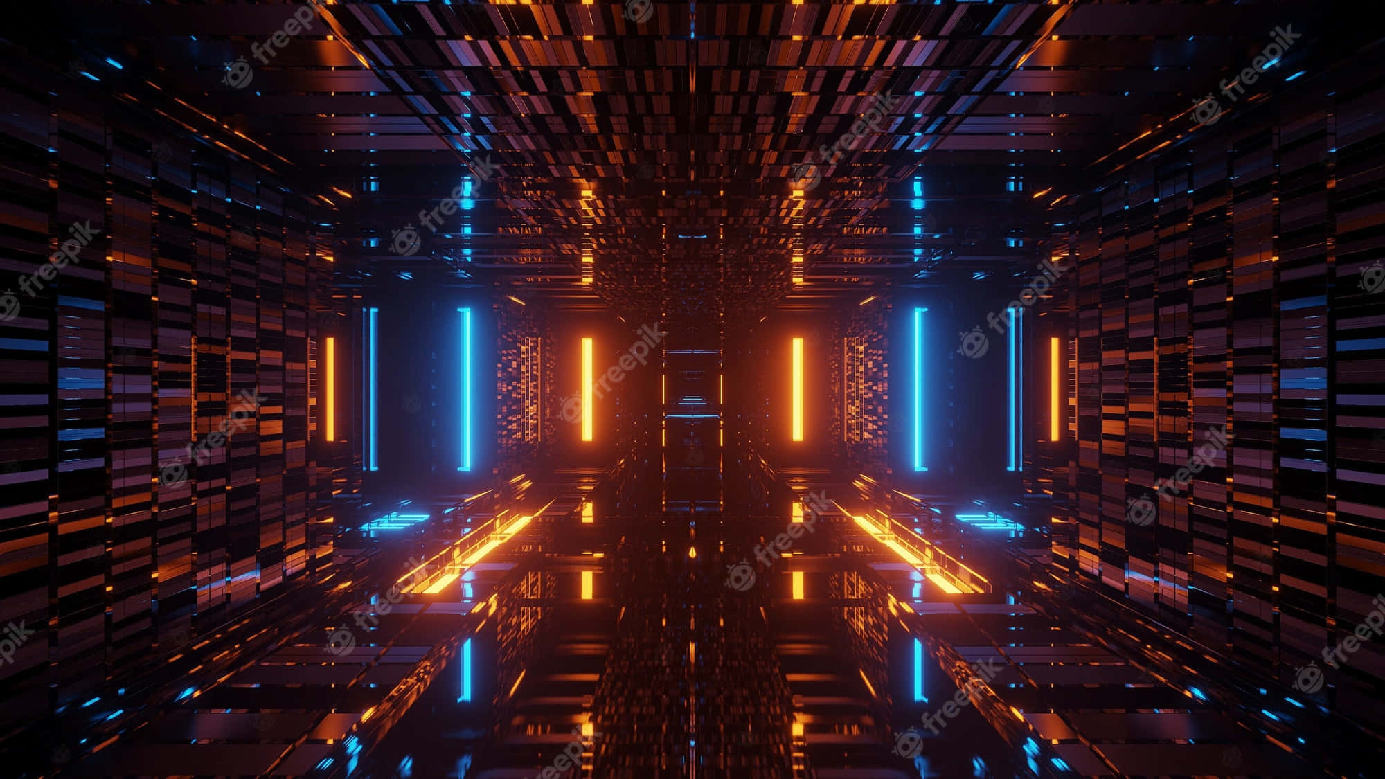 futuristic corridor, glowing orange and blue neon lights, polished floor, Full HD Desktop Wallpaper