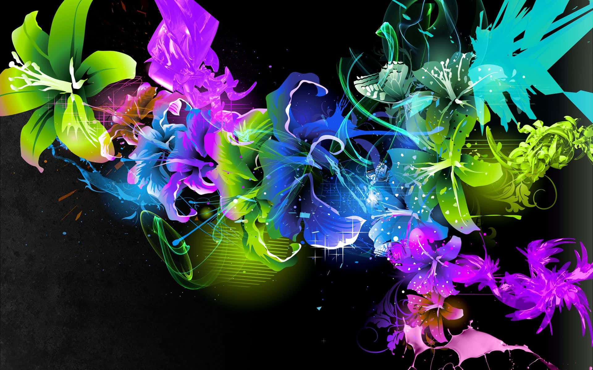 neon flowers, leaves, electric hues, Full HD Desktop Wallpaper