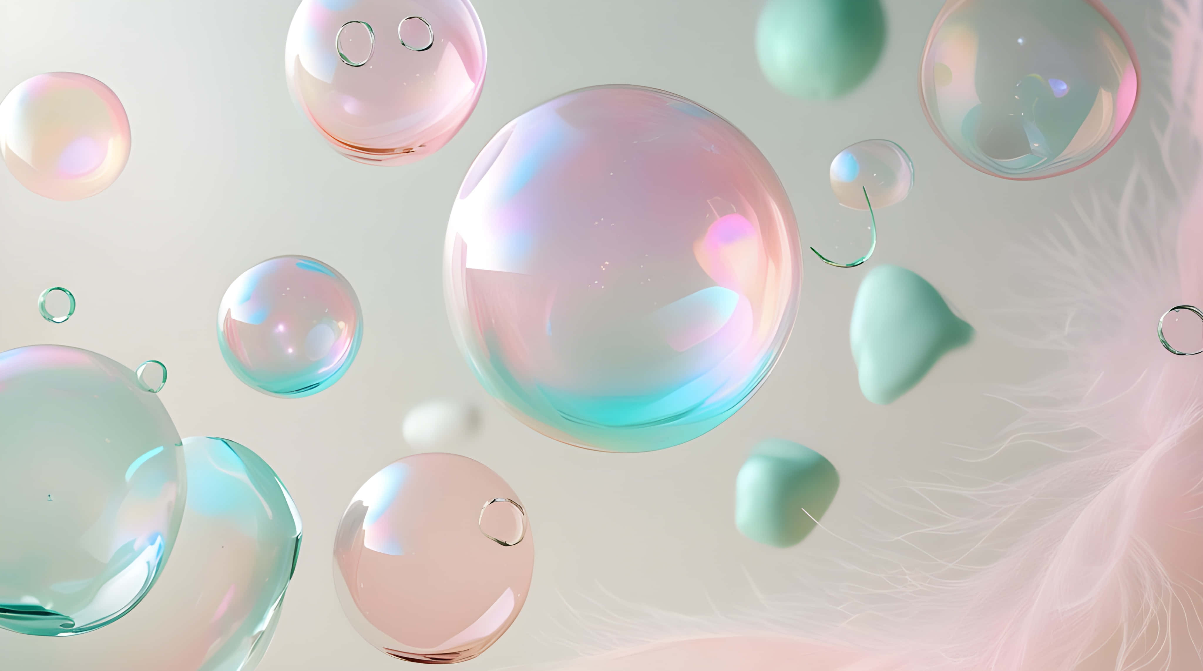 iridescent bubbles, pastel pink, teal, 4K Desktop Wallpaper