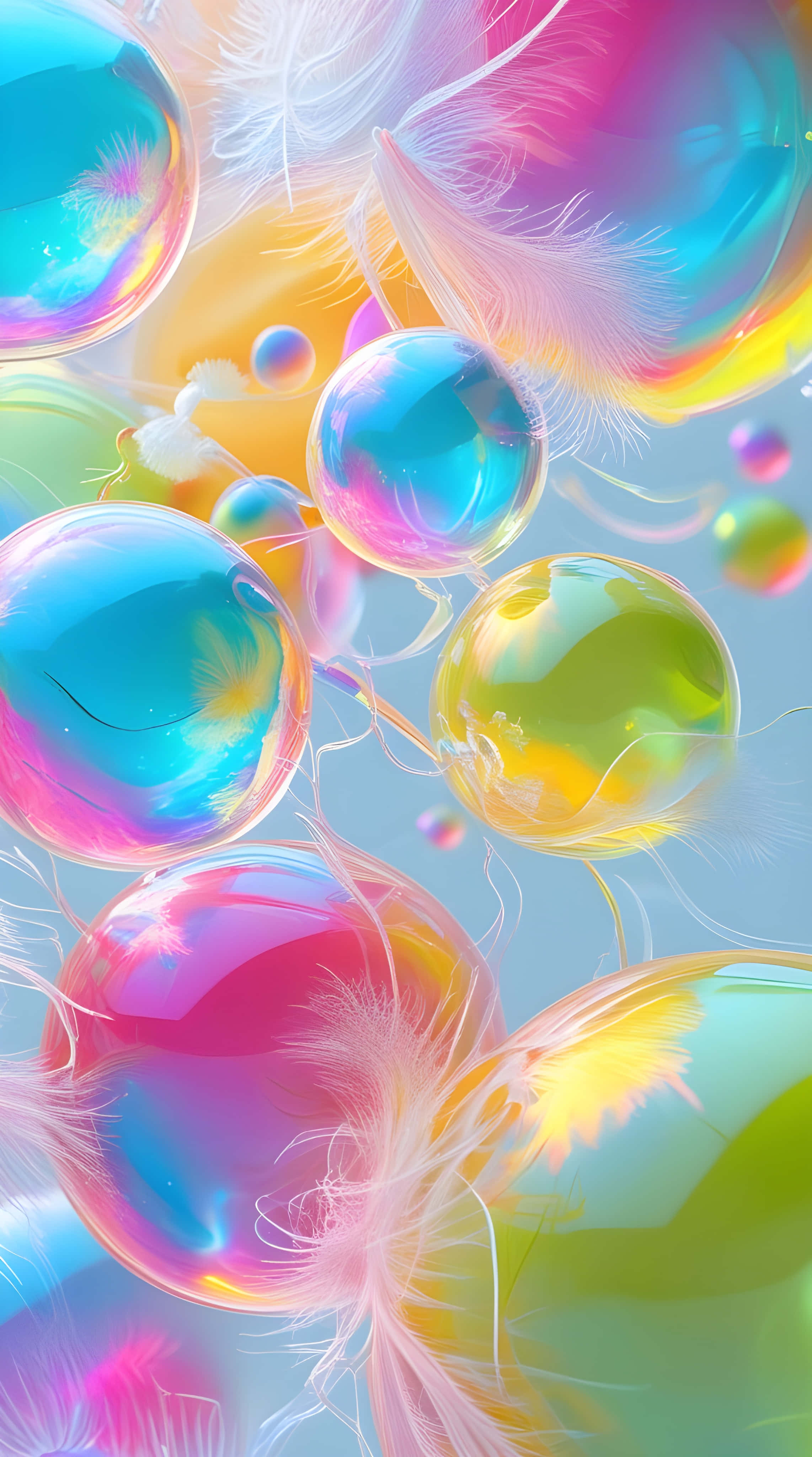 iridescent bubbles, soft white feathers, pastel gradient sky, 4K Phone Wallpaper