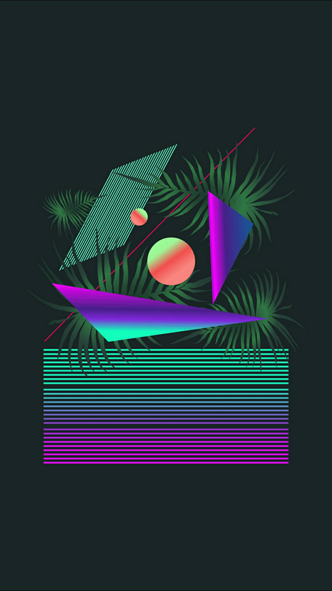 Vibrant neon, geometric shapes, lush green palm fronds, Full HD Phone Wallpaper