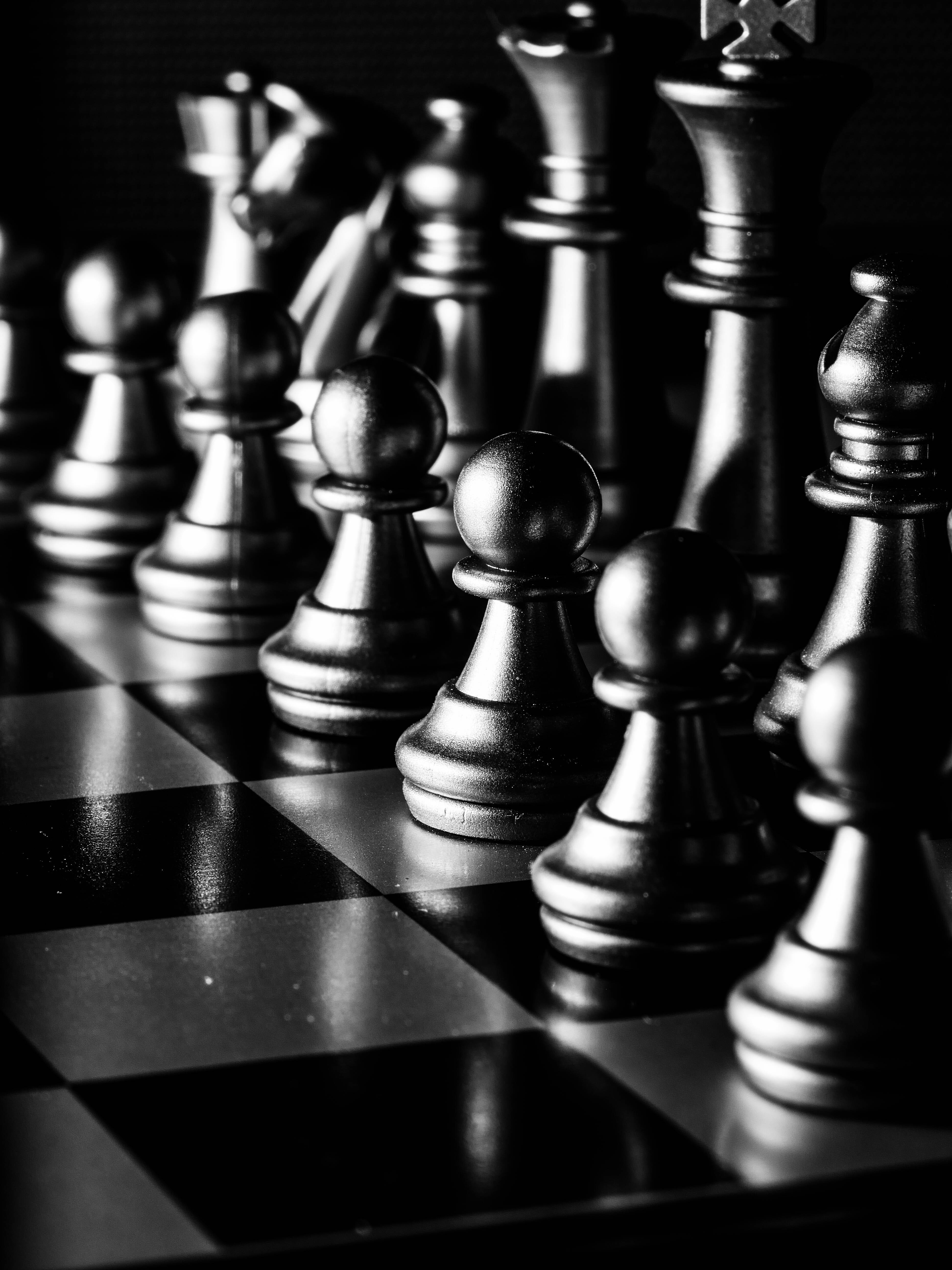 monochrome chessboard, black and white, metallic chess pieces, 5K Phone Wallpaper