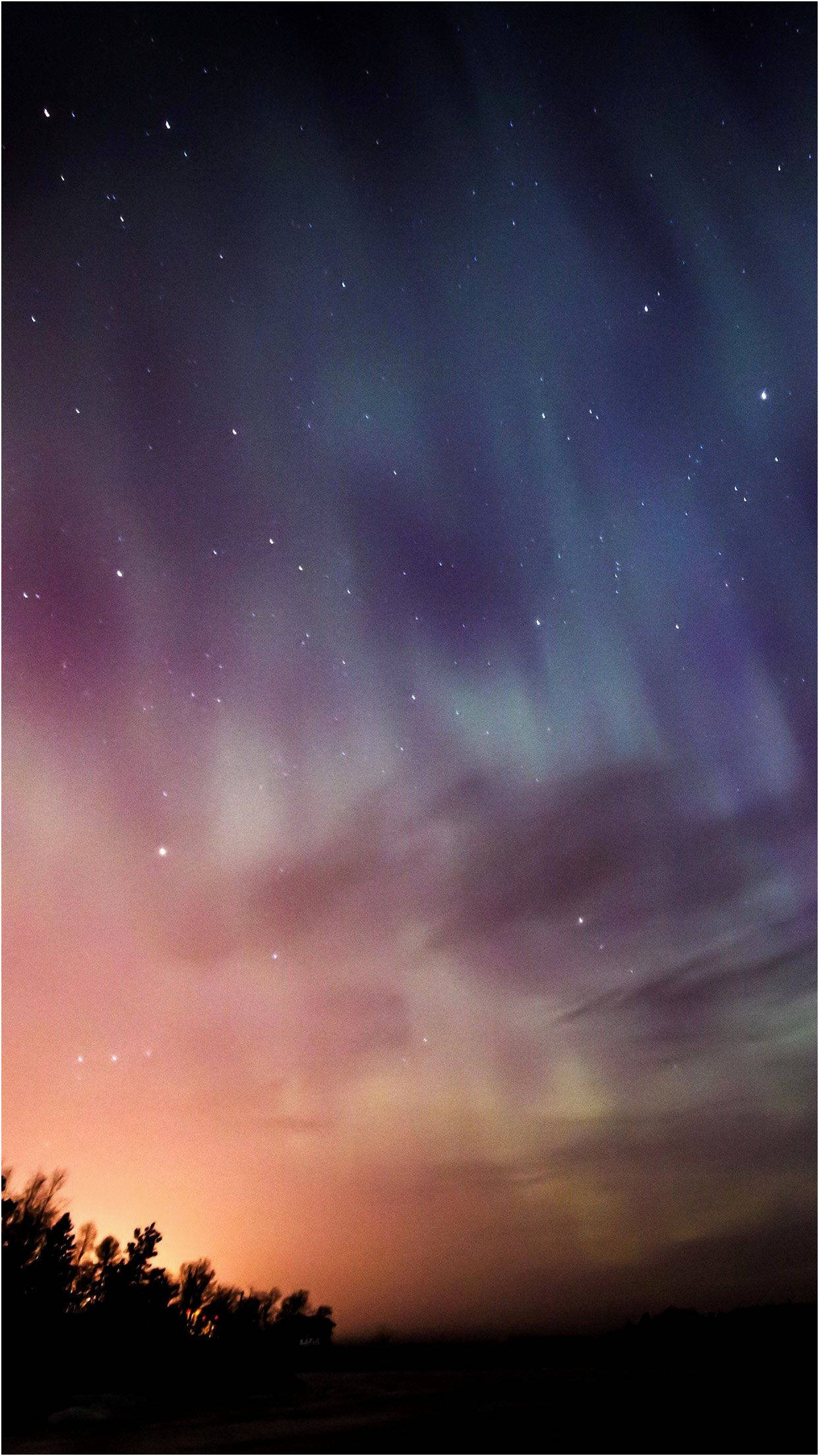 sky aurora, starry twilight sky, dark treeline, Full HD Phone Wallpaper