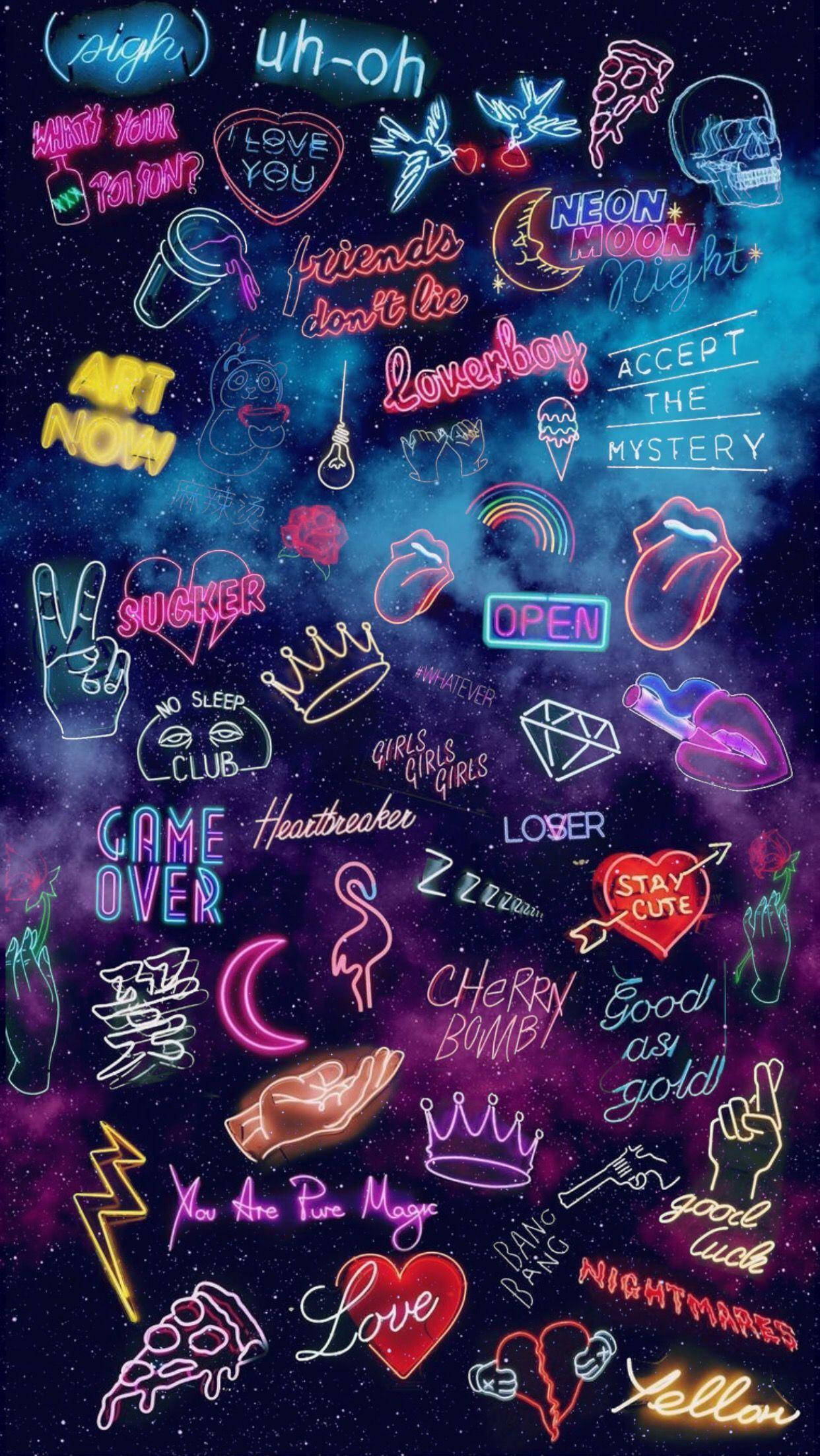 neon graffiti-style icons, cosmic galaxy backdrop, swirling purples, Full HD Phone Wallpaper