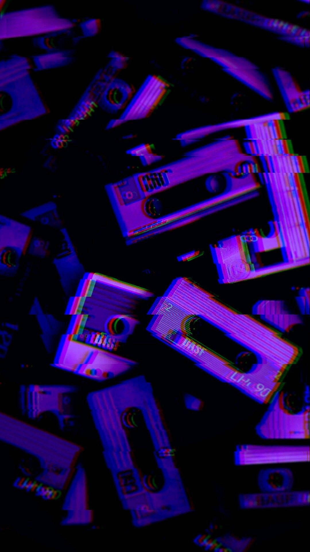 purple music tapes, glitchy purple and blue cassette tapes, digital distortion effects, Full HD Phone Wallpaper