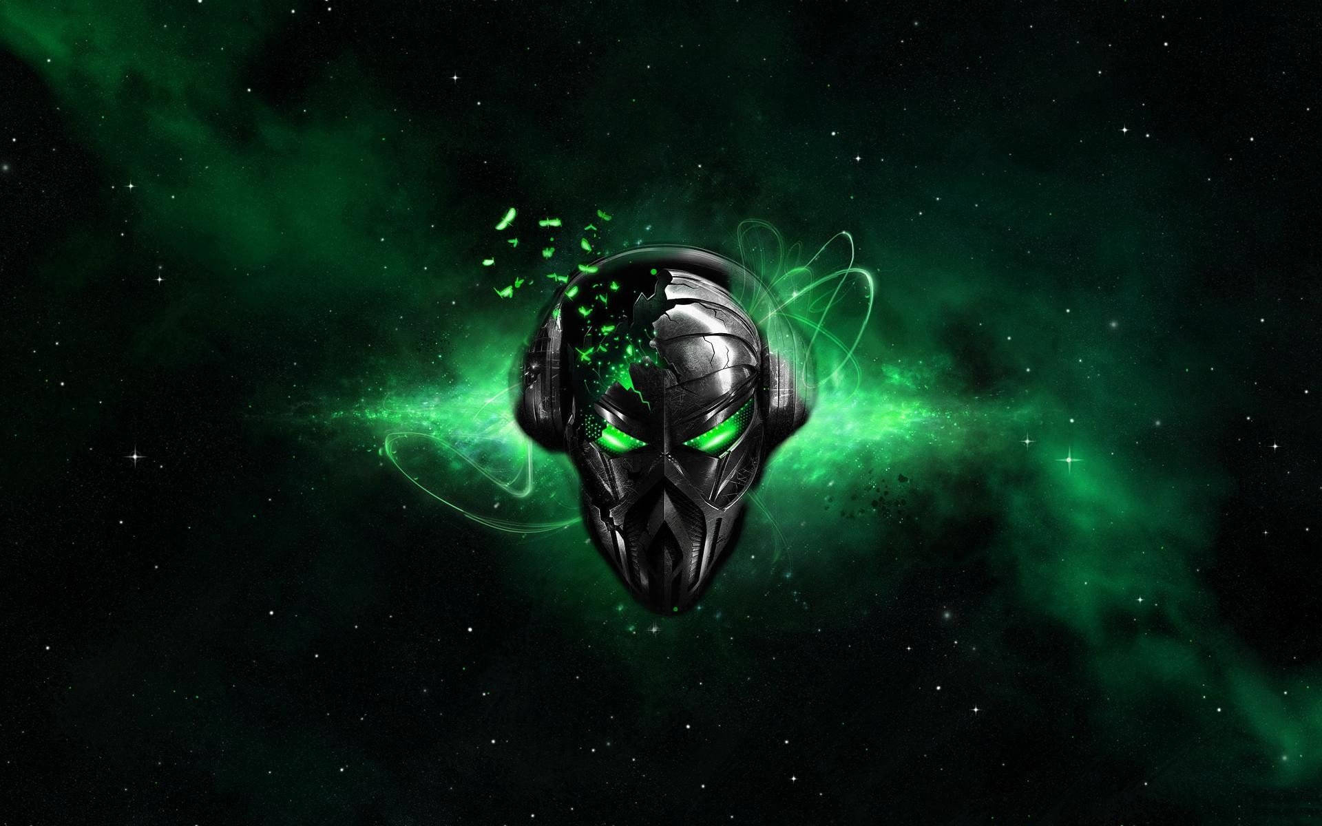 Cool Alien, metallic skull, glowing green eyes, Full HD Desktop Wallpaper