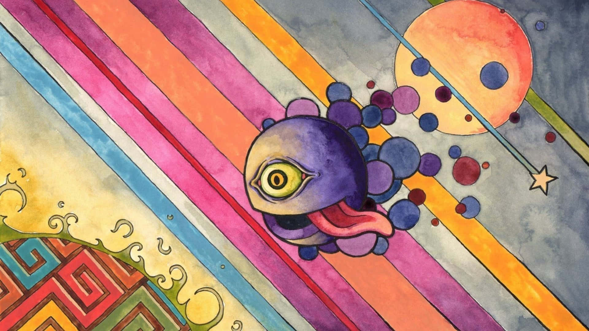 Cartoon Alien, purple one-eyed creature, pink tongue, Full HD Desktop Wallpaper