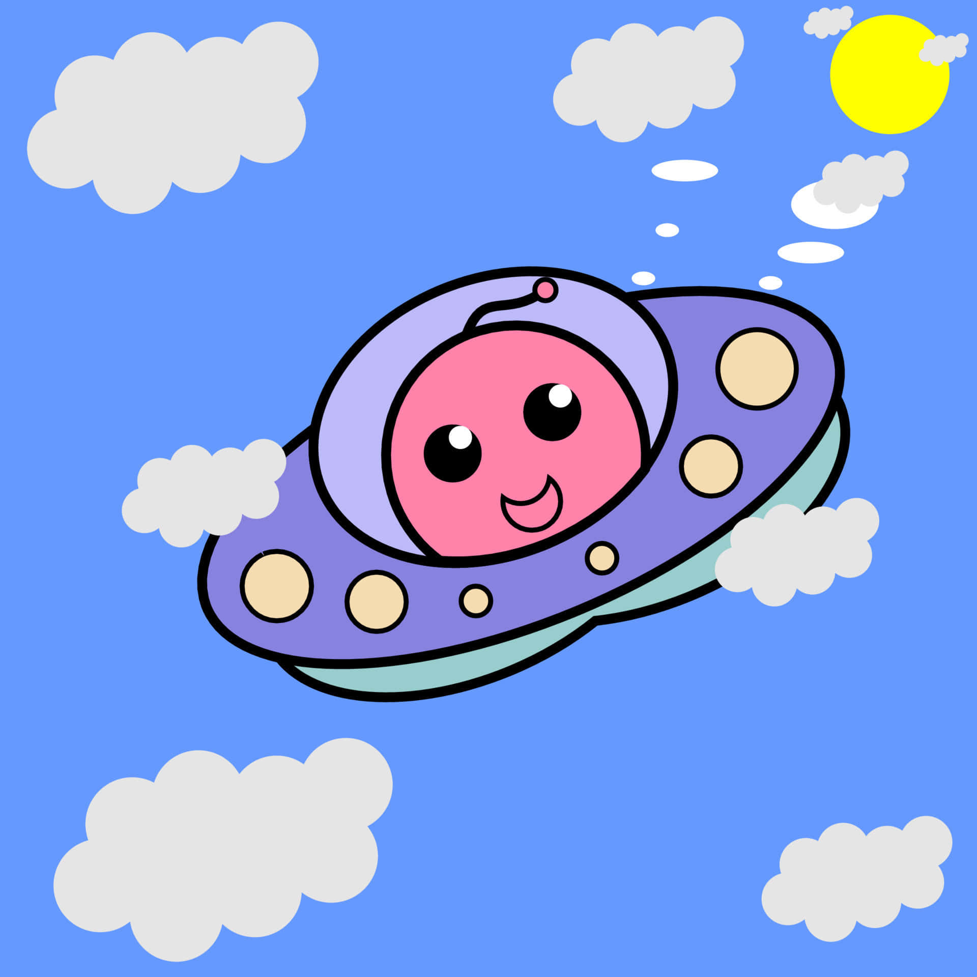pink alien, purple UFO, bright blue sky, Full HD Desktop Wallpaper