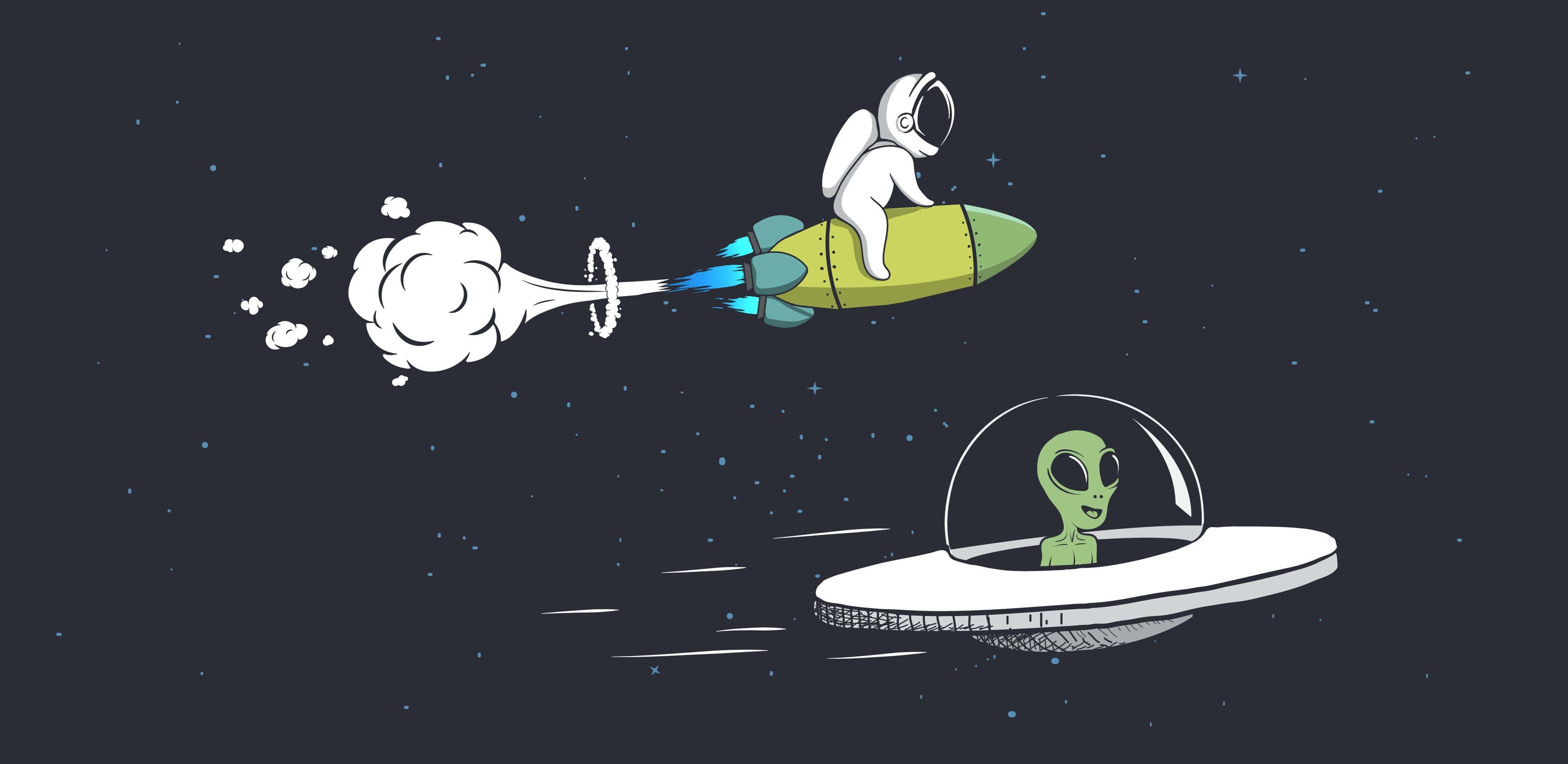 cartoon alien, green rocket, flying saucer, 4K Desktop Wallpaper