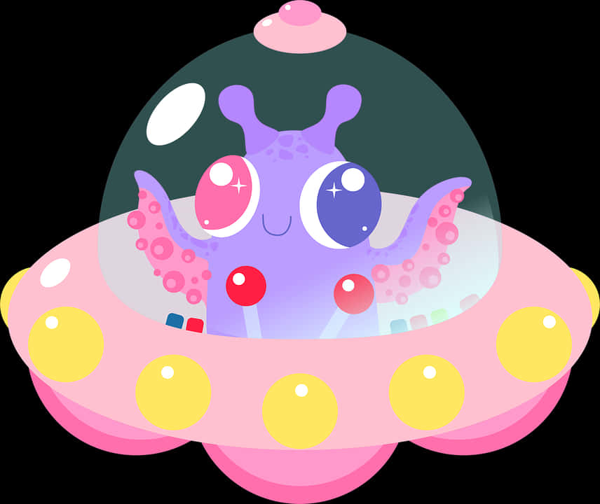 cute alien, purple cartoon octopus, pink UFO, SD Desktop Wallpaper