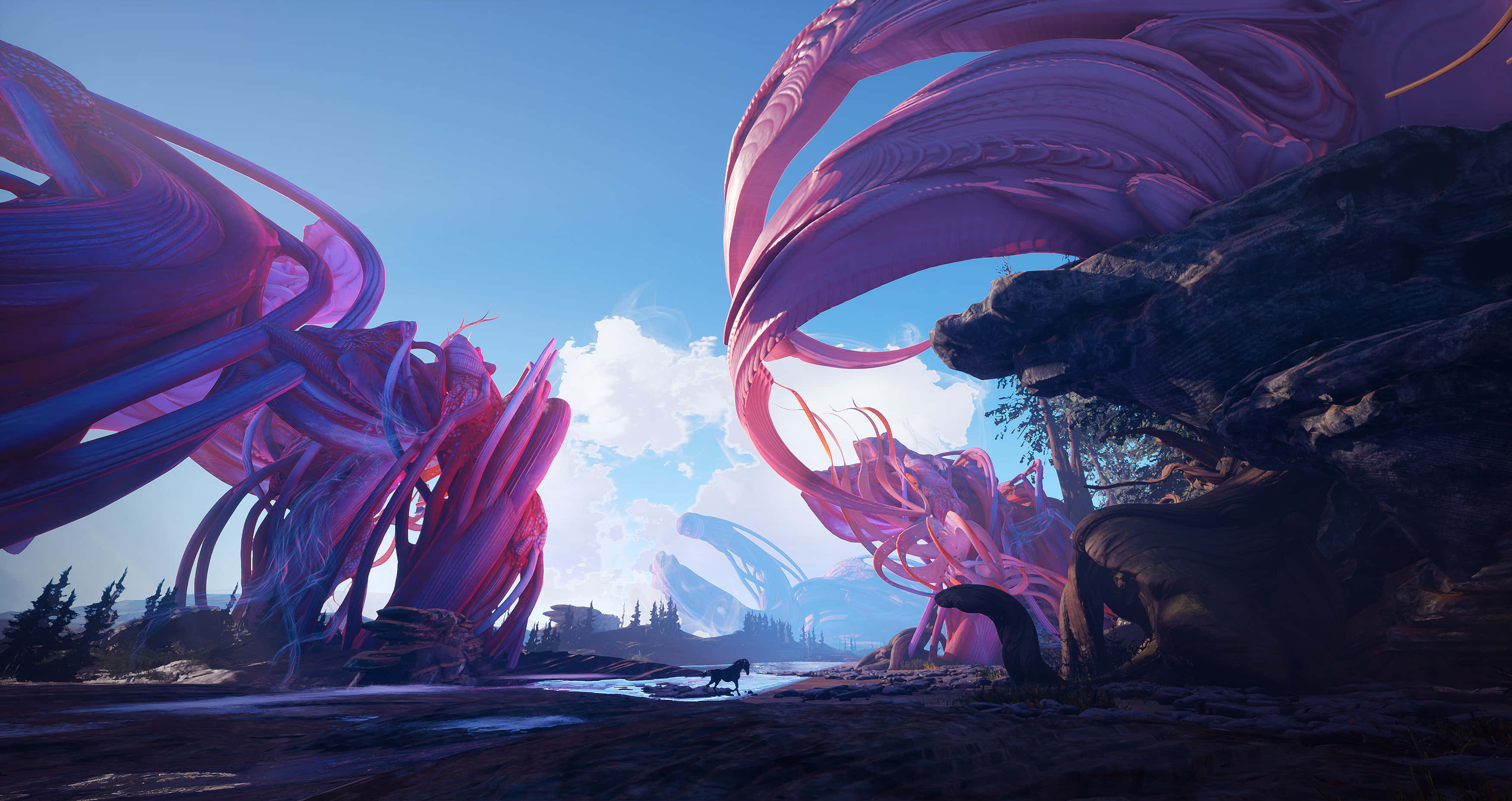 alien landscape, giant flora, colossal flowing purple and pink alien flora, 2K Desktop Wallpaper