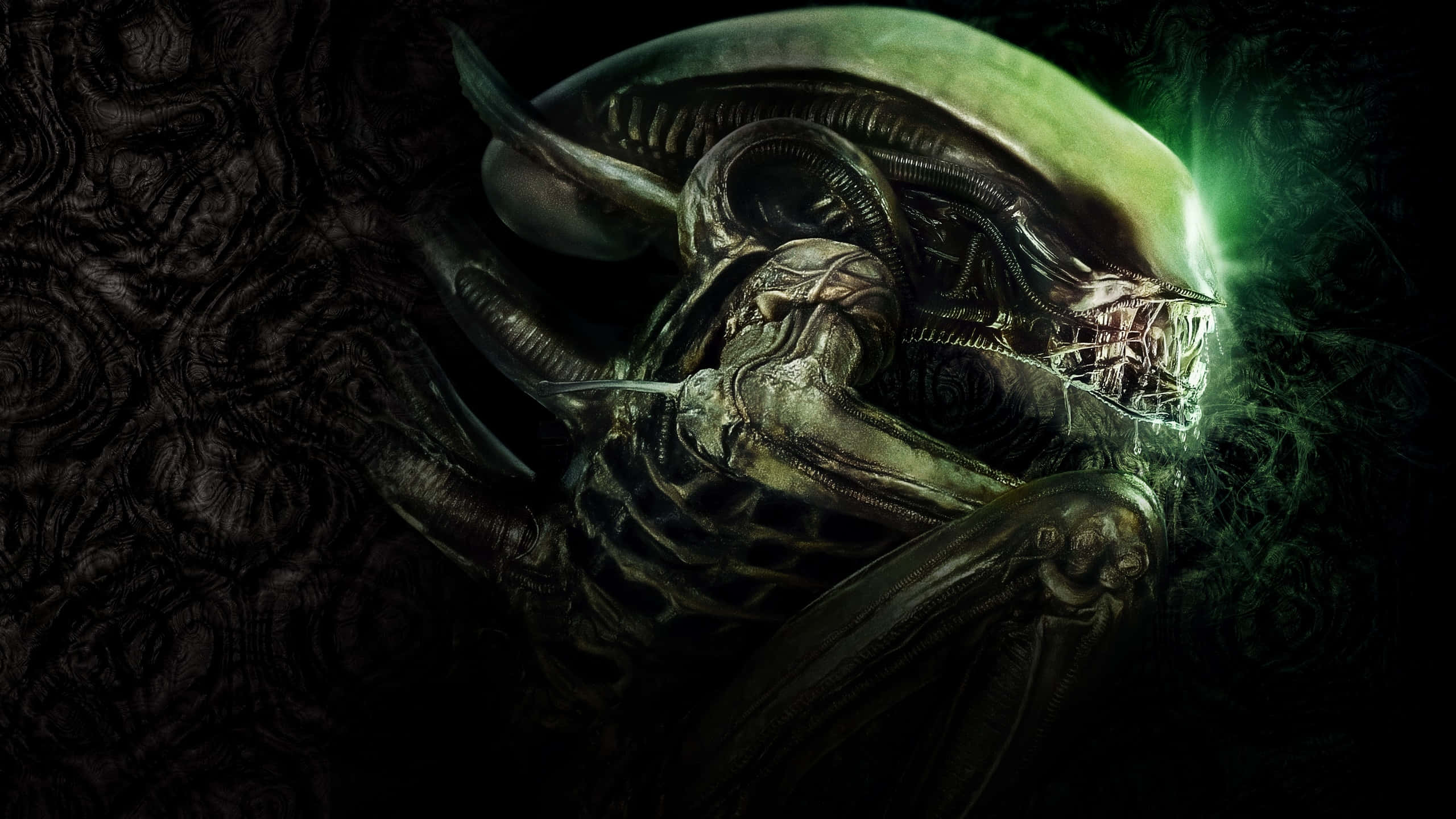 alien creature, glowing green head, sharp teeth, 2K Desktop Wallpaper
