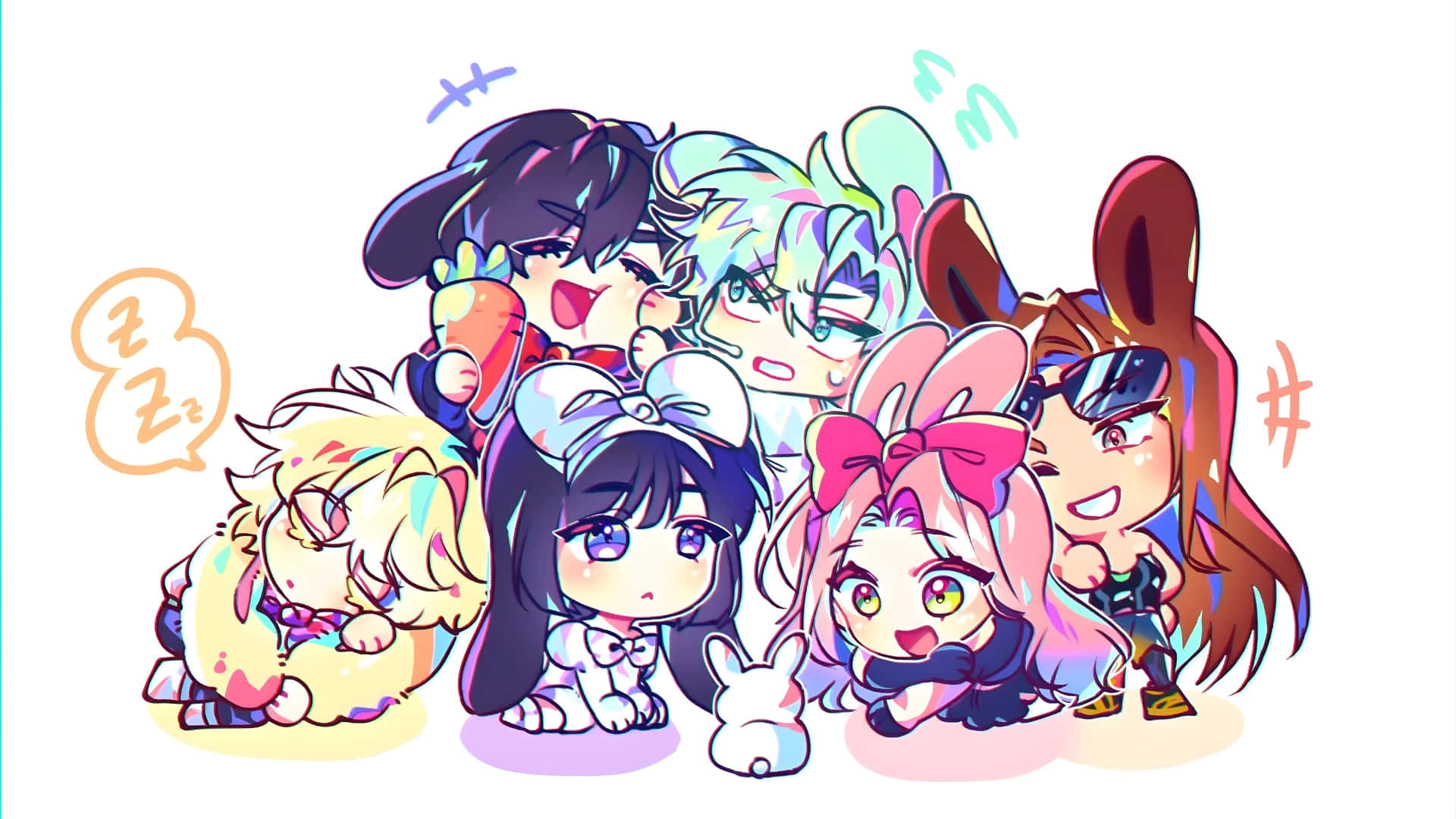 Alien Stage, cute character group, chibi anime, Full HD Desktop Wallpaper