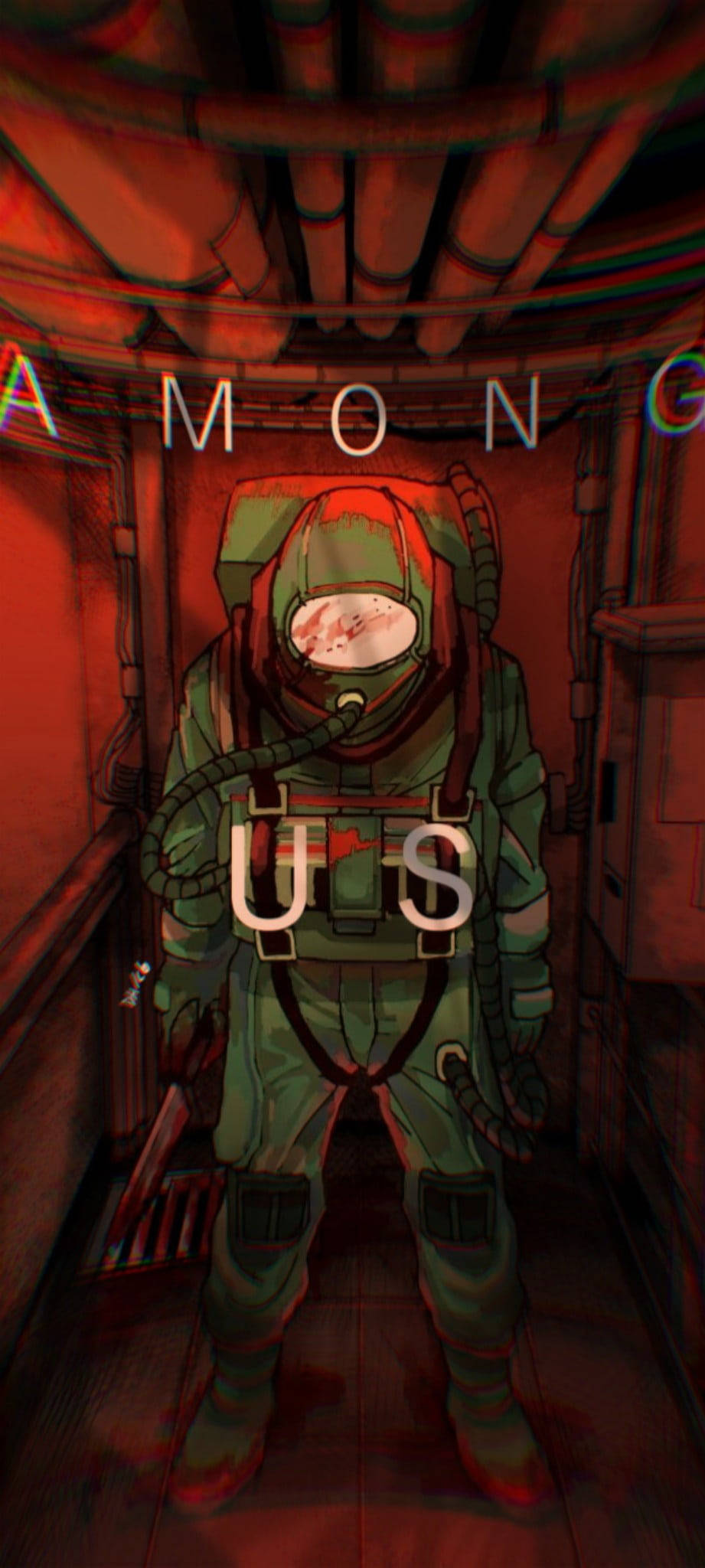 Among Us, green spacesuit, red-lit spaceship corridor, Full HD Phone Wallpaper