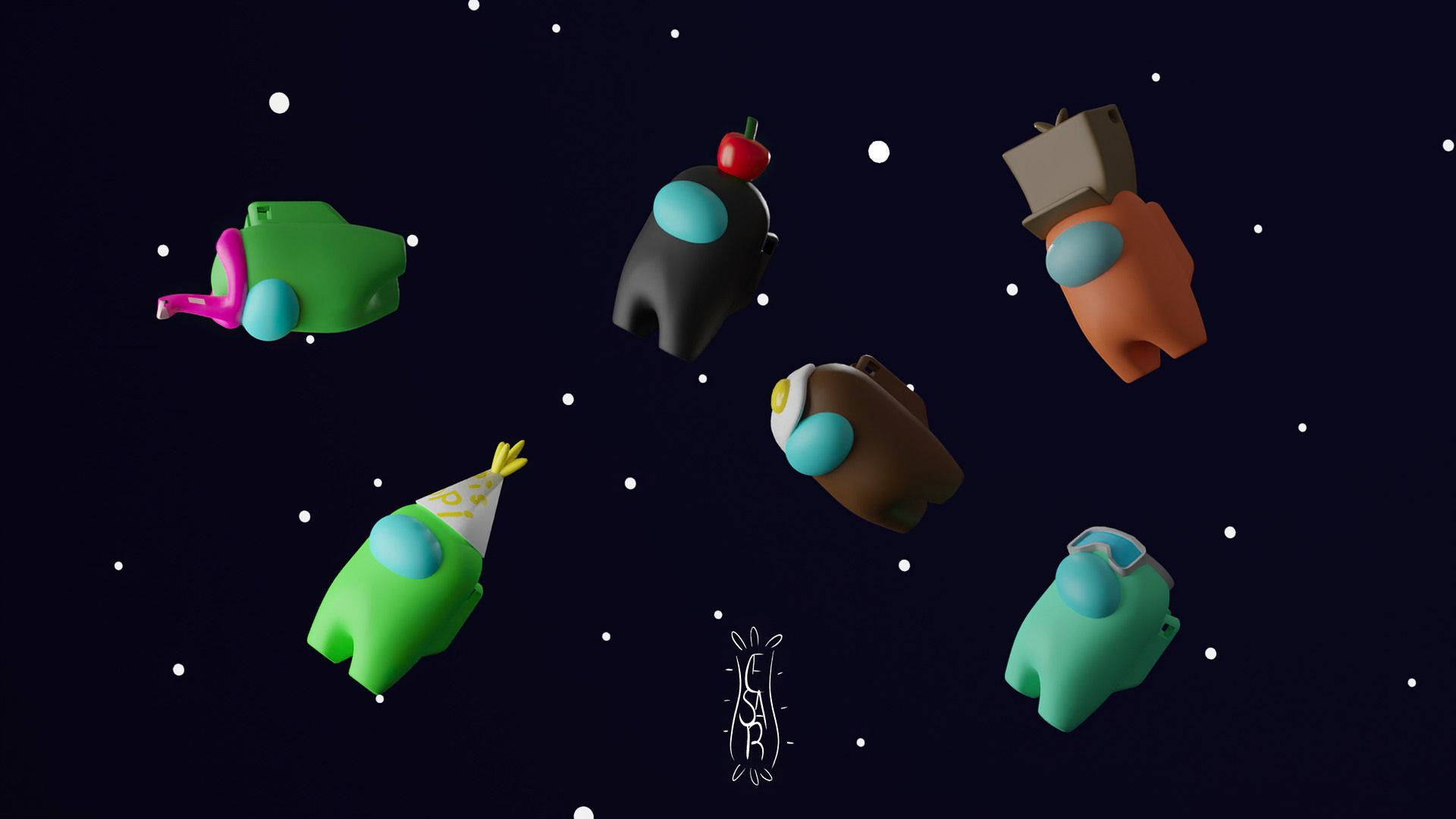 Among Us, colorful Among Us characters, starry night sky, Full HD Desktop Wallpaper