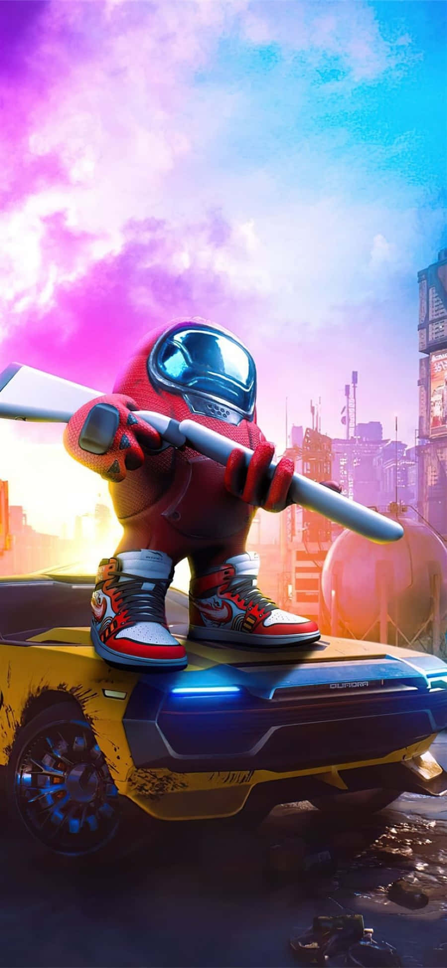 Among Us, red-suited astronaut, futuristic yellow car, Full HD Phone Wallpaper