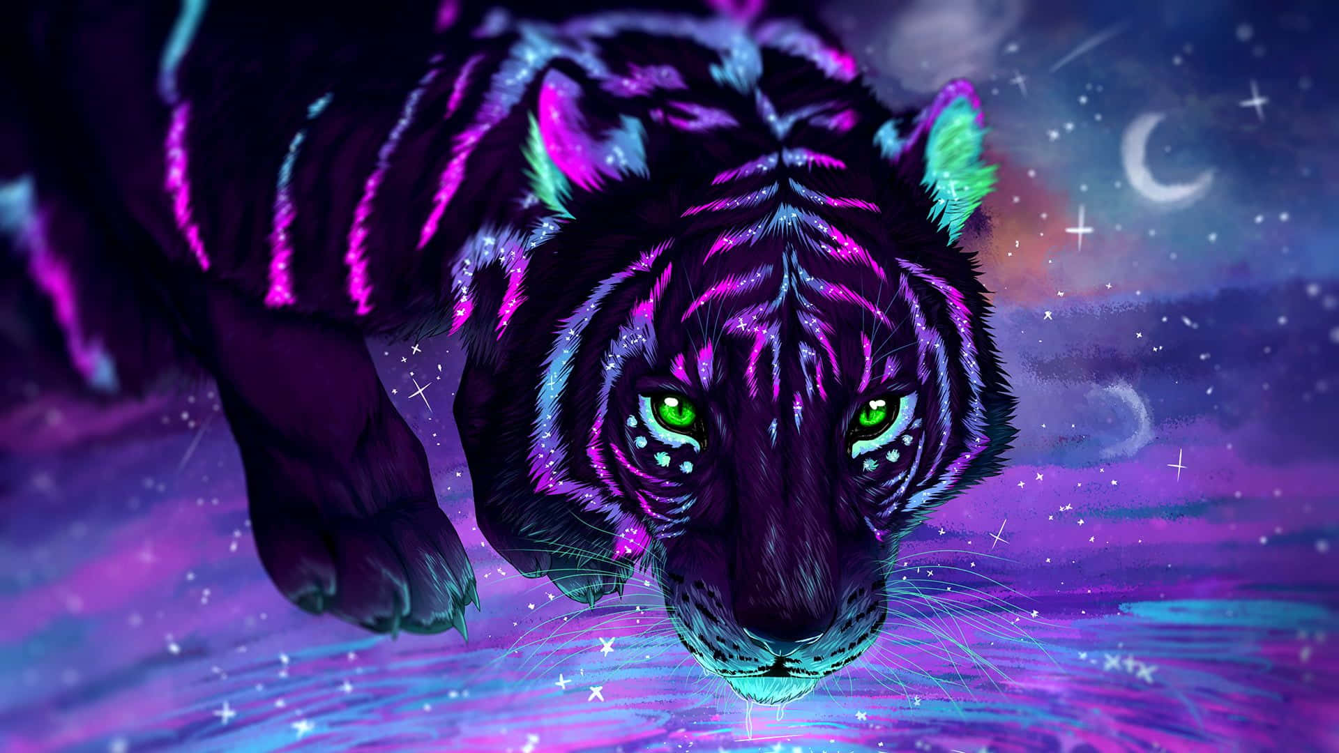 Cool Animal Galaxy, neon purple tiger, glowing green eyes, Full HD Desktop Wallpaper