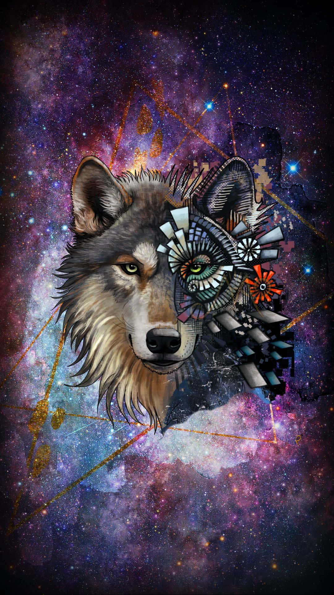 Cool Animal Galaxy, wolf's head, mechanical gear, Full HD Phone Wallpaper